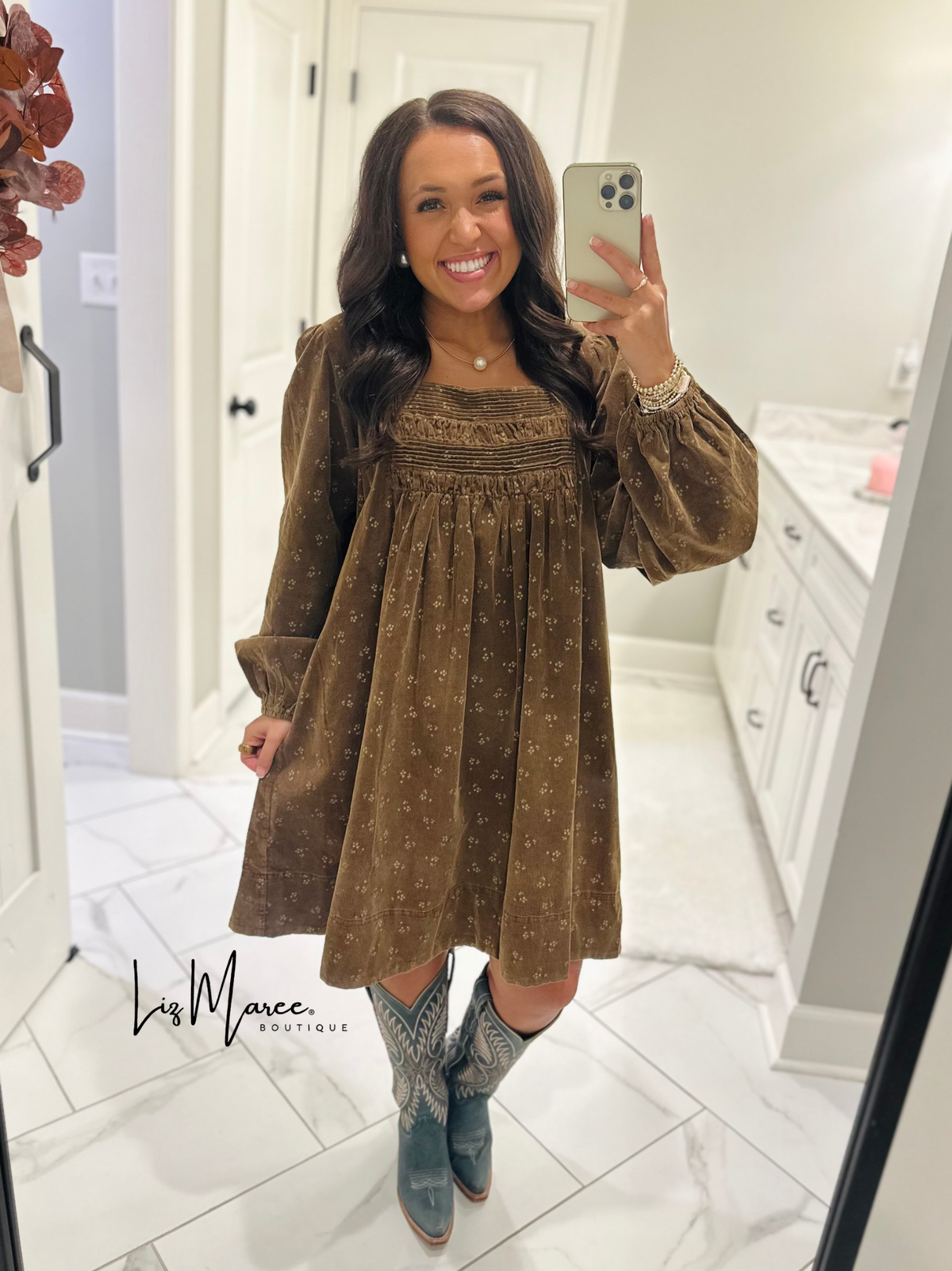 The Cassie Dark Camel Floral Corduroy Dress