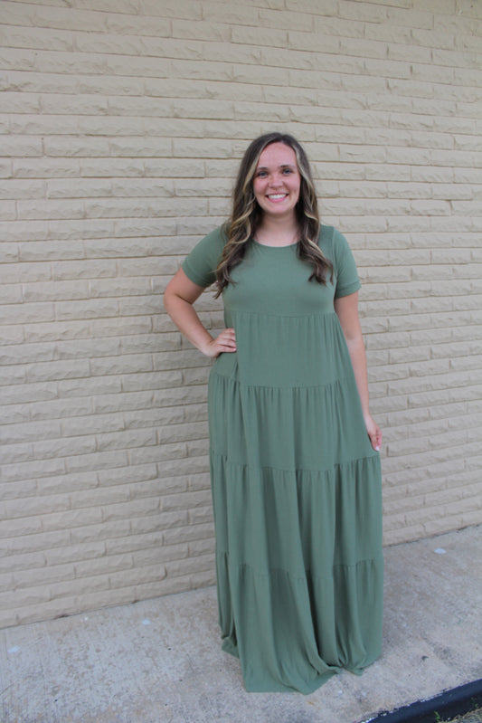 Olive Short Sleeve Tired Maxi Dress