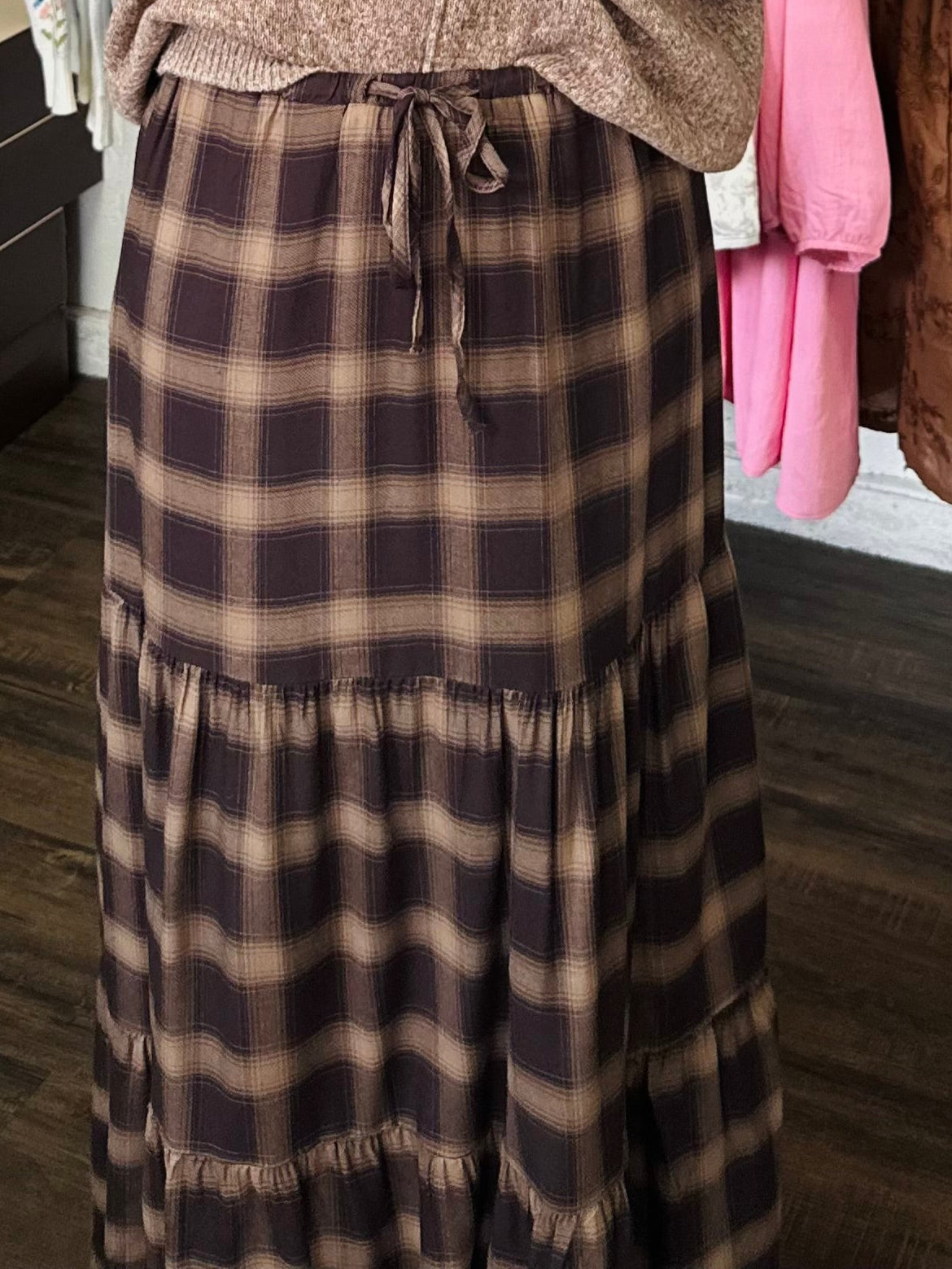 The Ember Brown Plaid Tiered Maxi Skirt