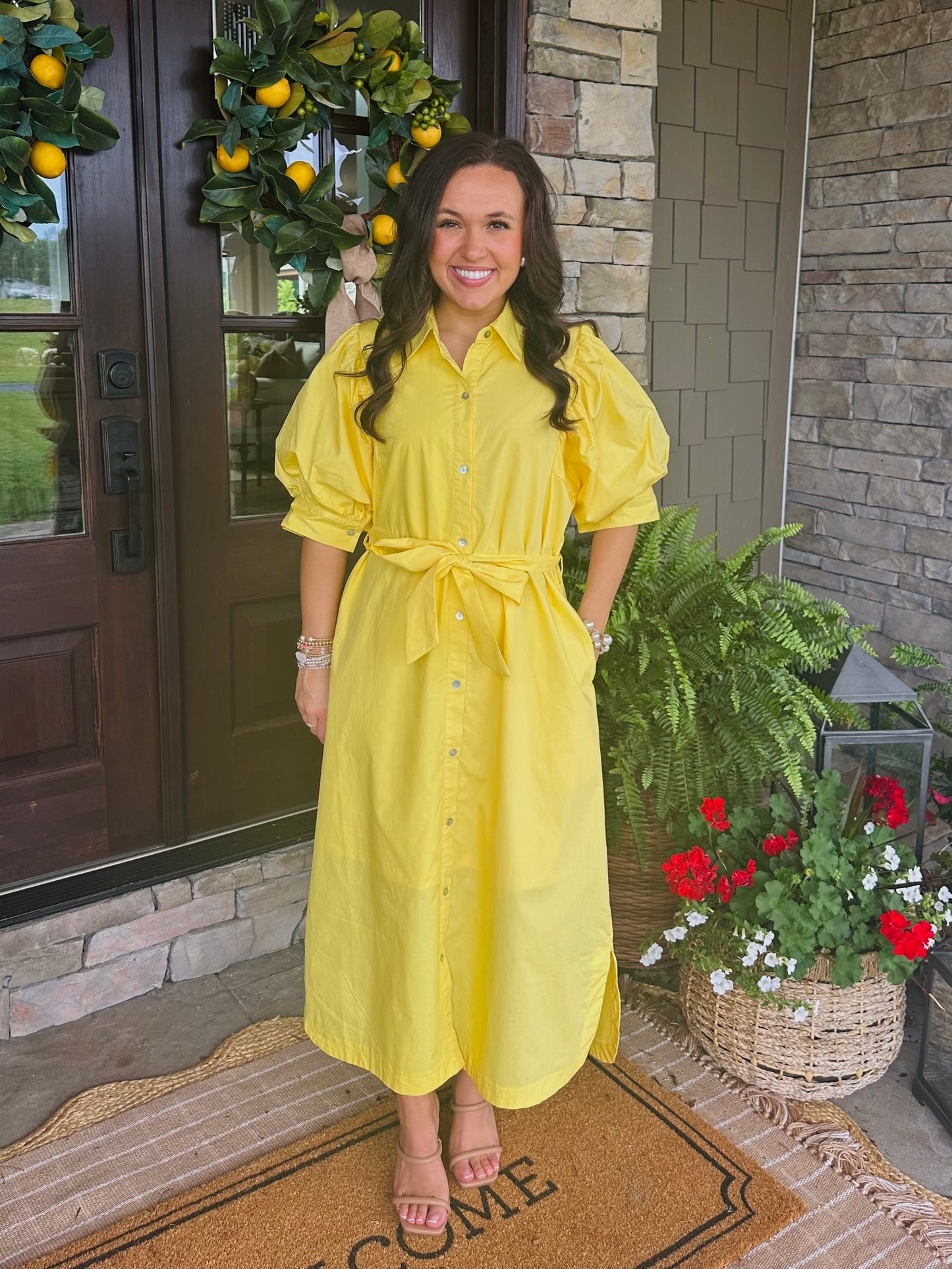 The Caroline Yellow Button Front Midi Dress