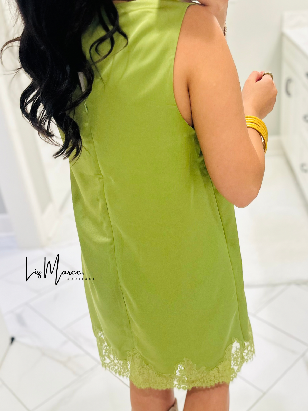 The Lola Olive Green Satin Lace Dress