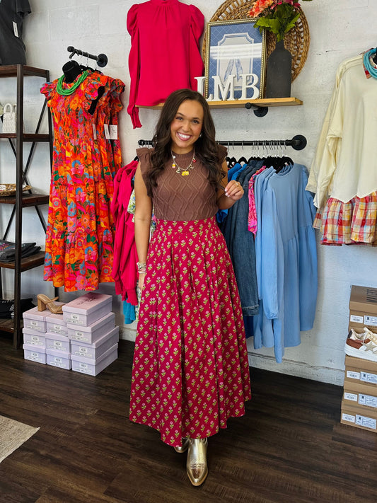 The Austin Burgundy Floral Midi Skirt