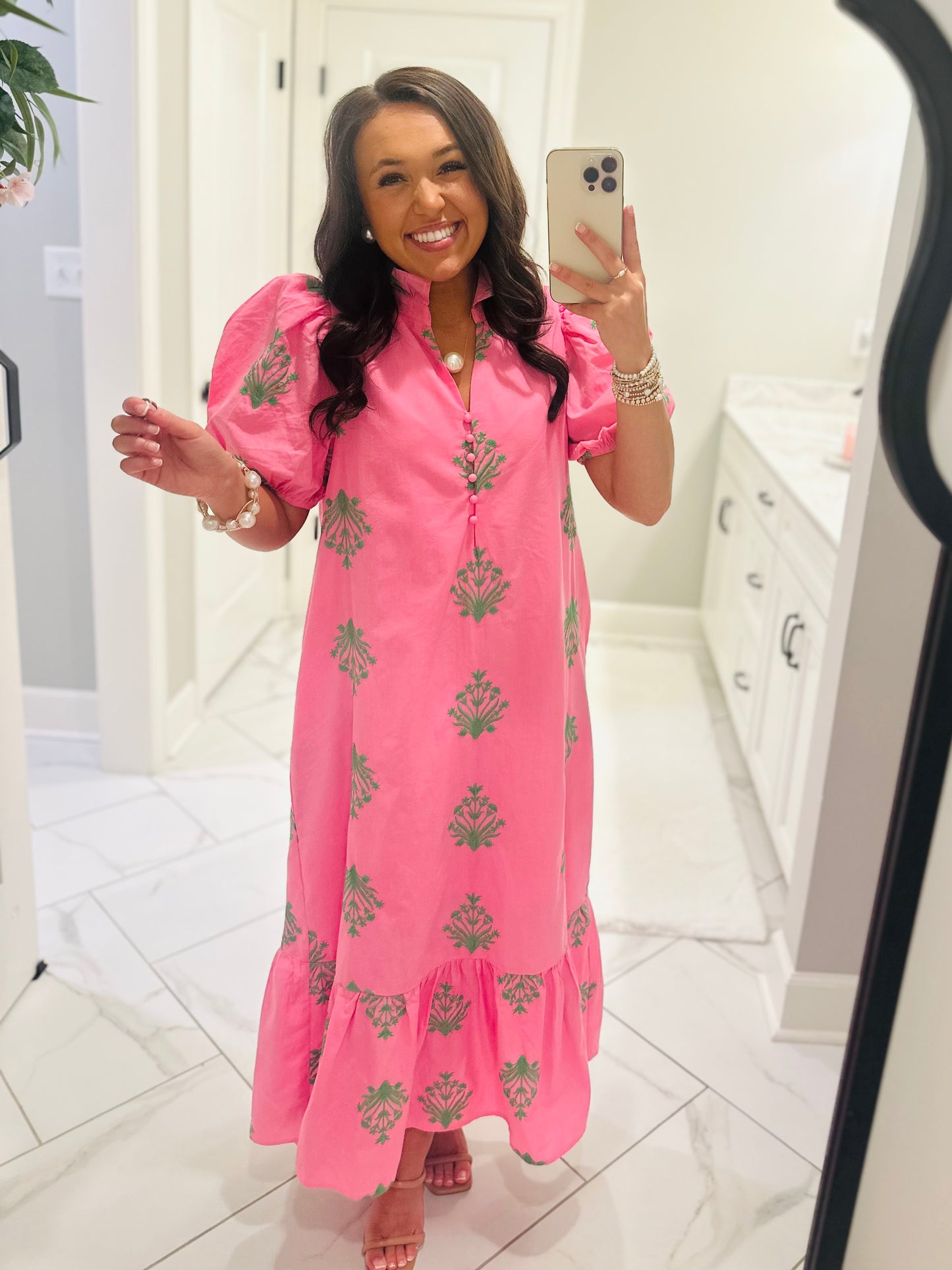 The Nola Pink + Green Botanical Embroidered Midi Dress