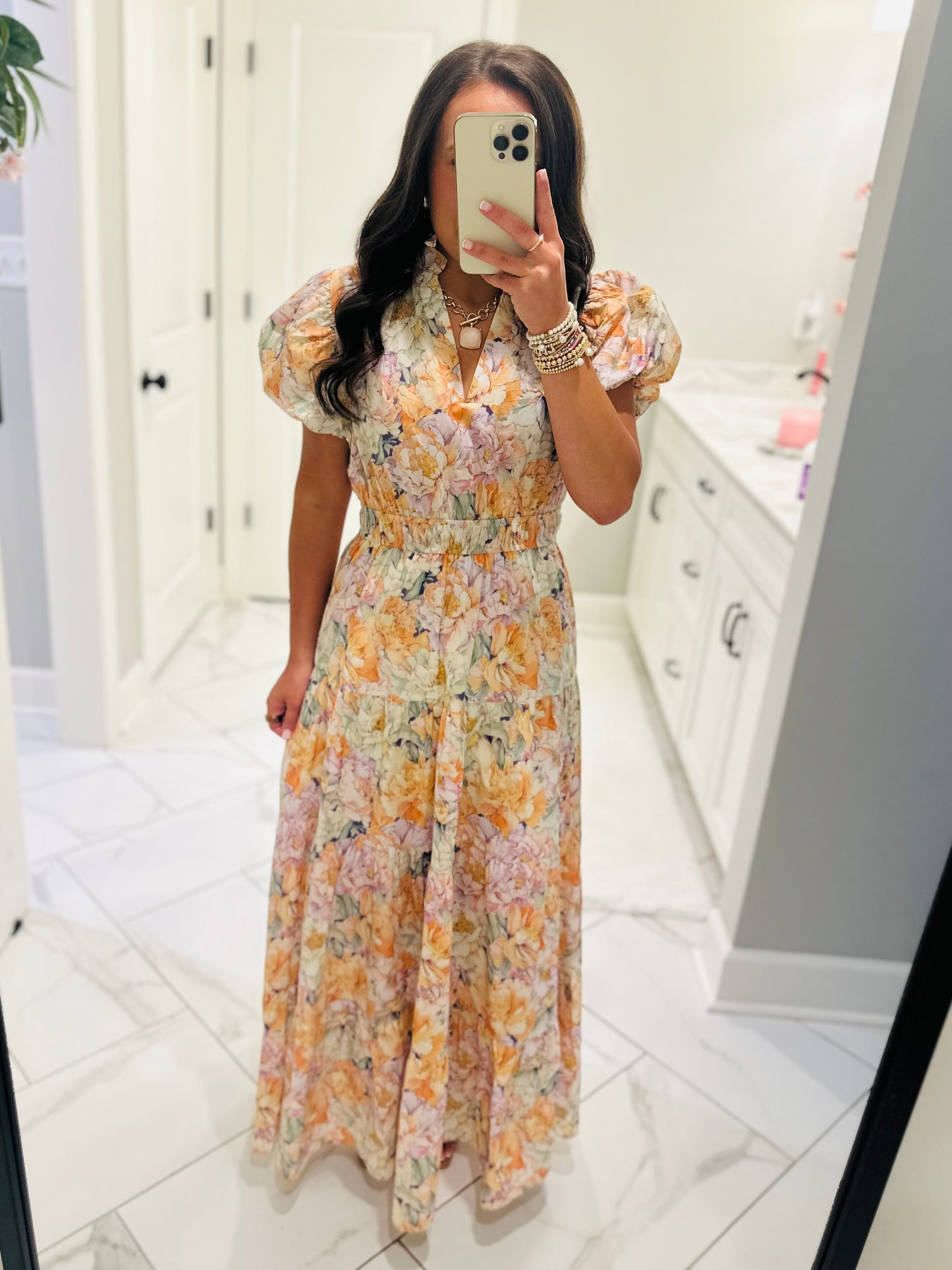 The Elizabeth Lavender + Orange Multicolor Floral Midi Dress