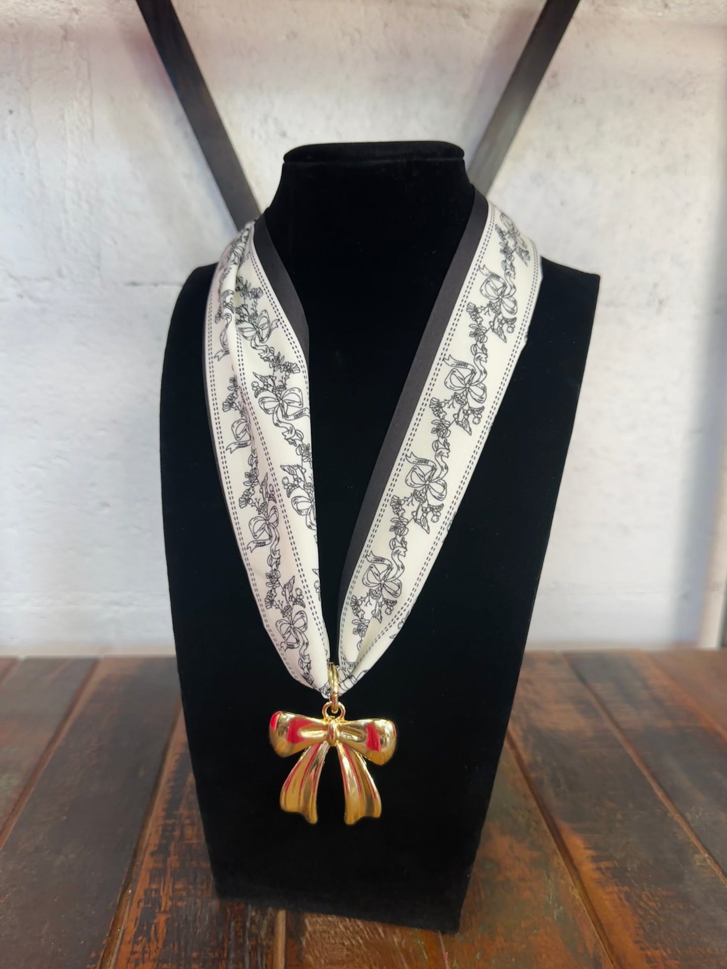 Black Bow Floral Silk Scarf + Gold Bow Pendant