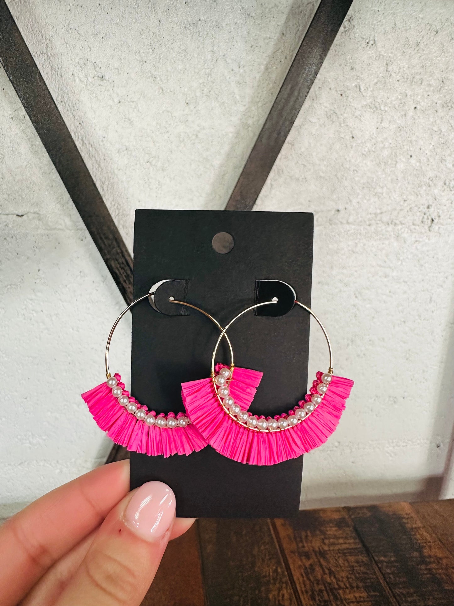 Pink Pearl Lined Raffia Drop Dangles