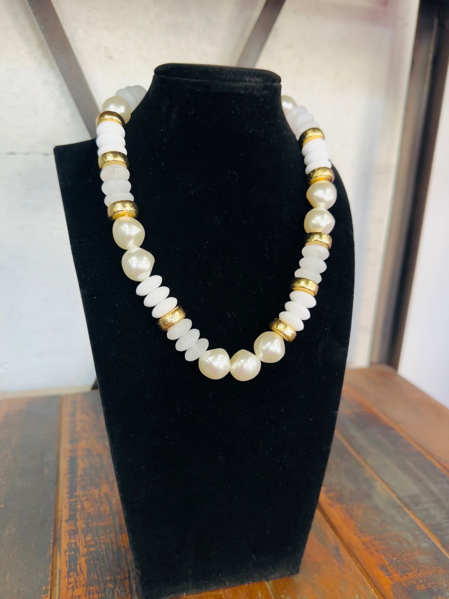 White + Gold Pearl Bead Necklace