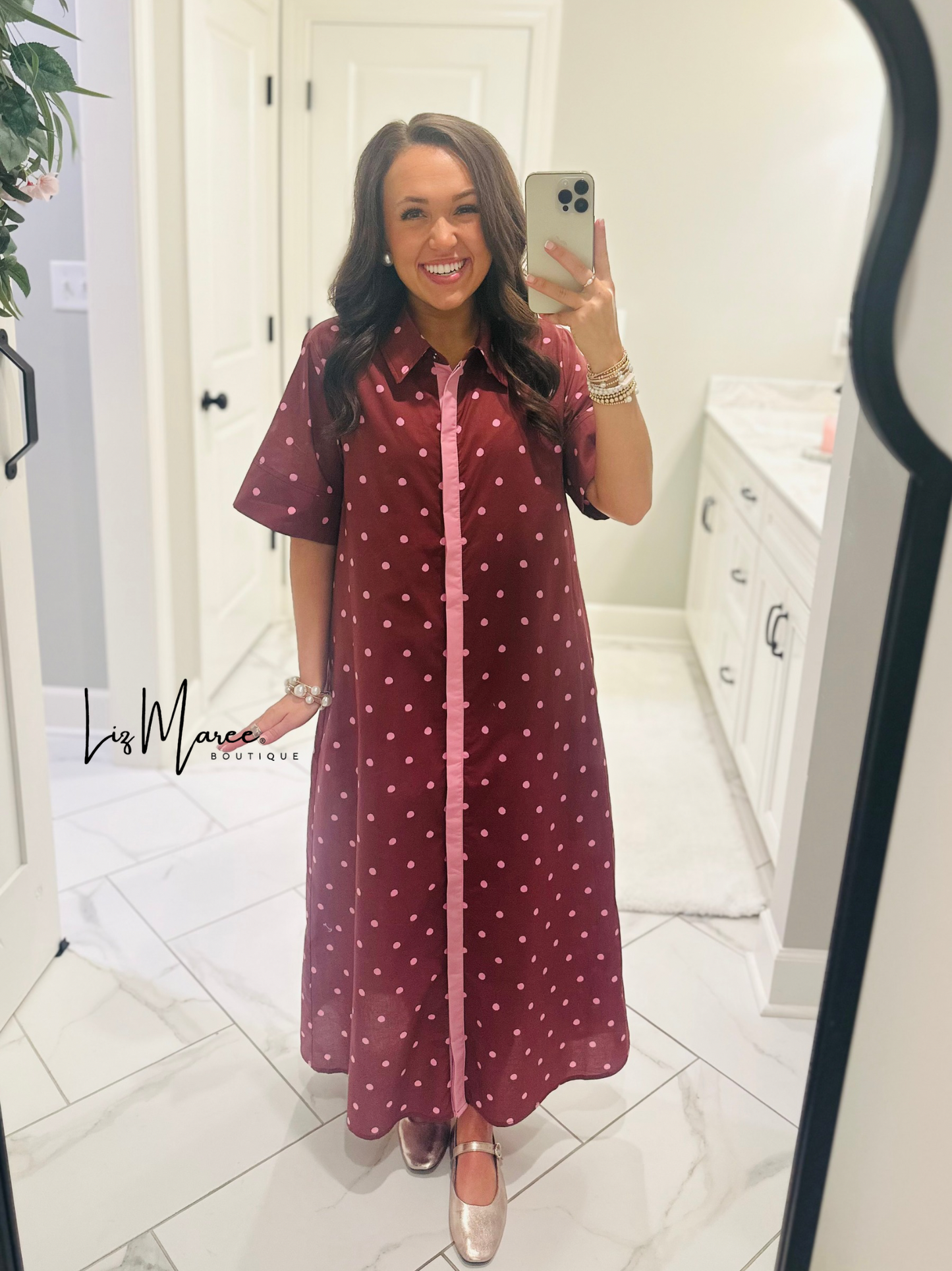 The Ruth Burgundy + Pink Polka Dot Midi Dress