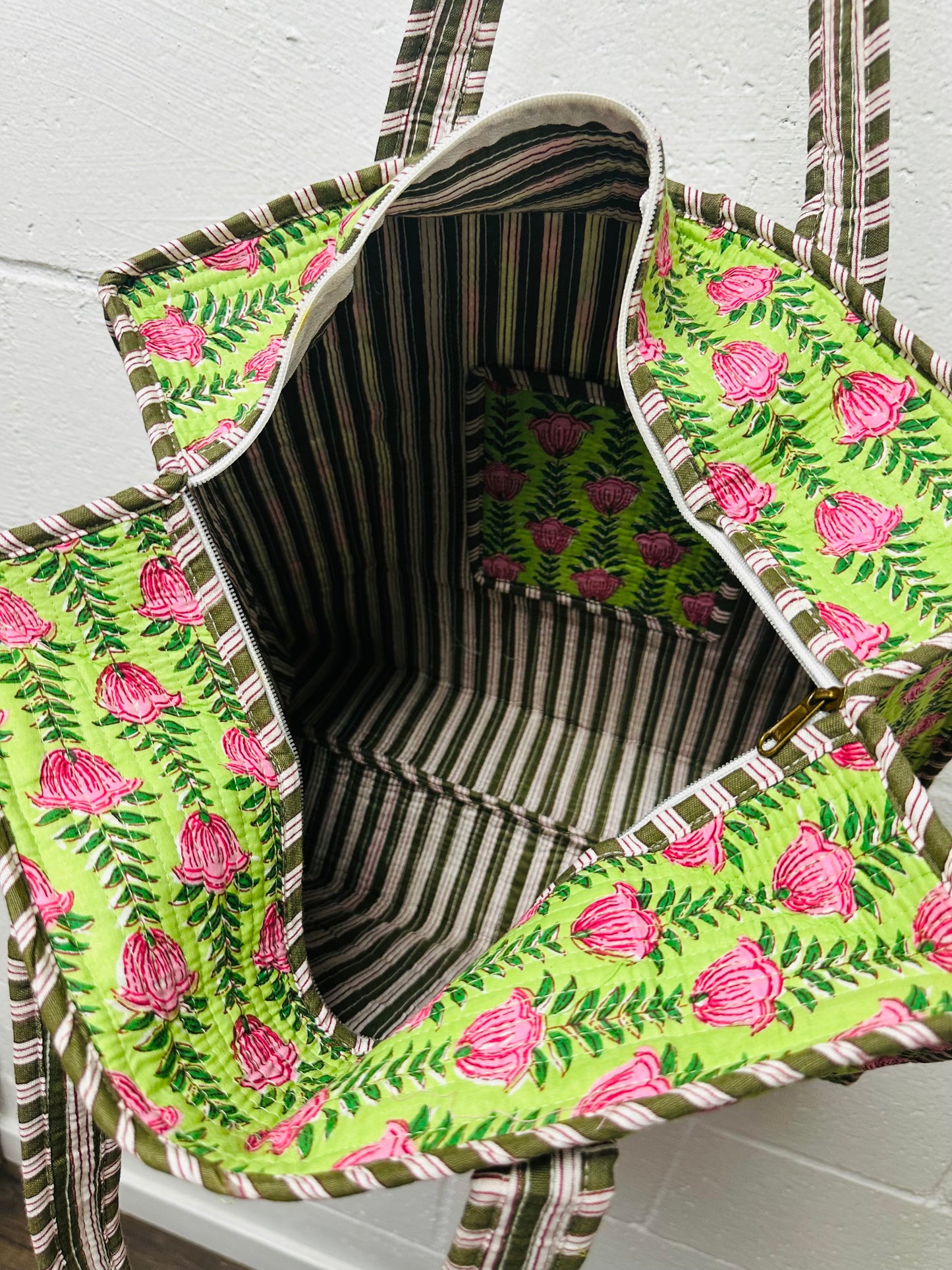 The Green + Pink Ivy Floral Quilted Tote Bag