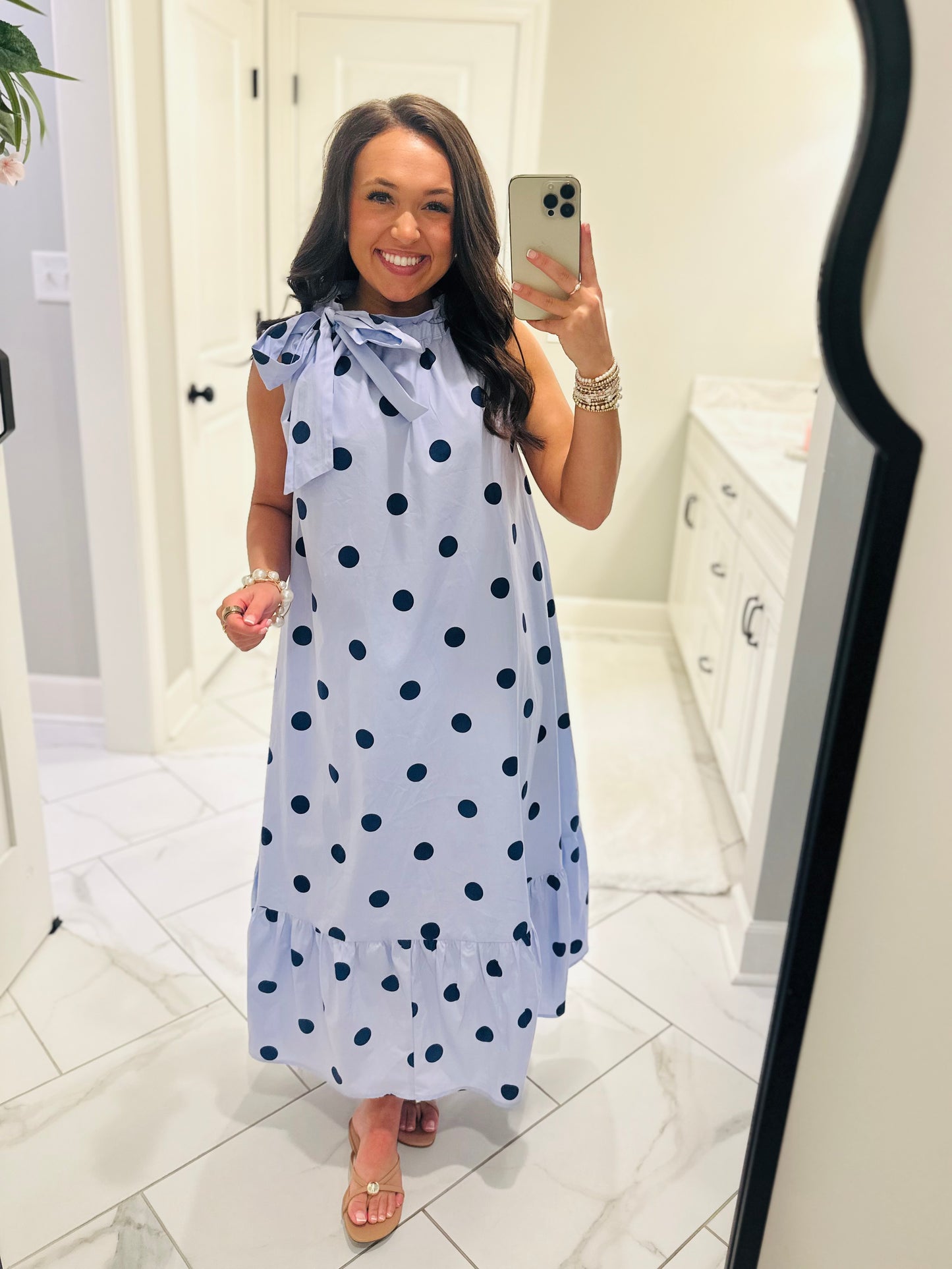 The Leighton Blue Polka Dot Neck Tie Midi Dress