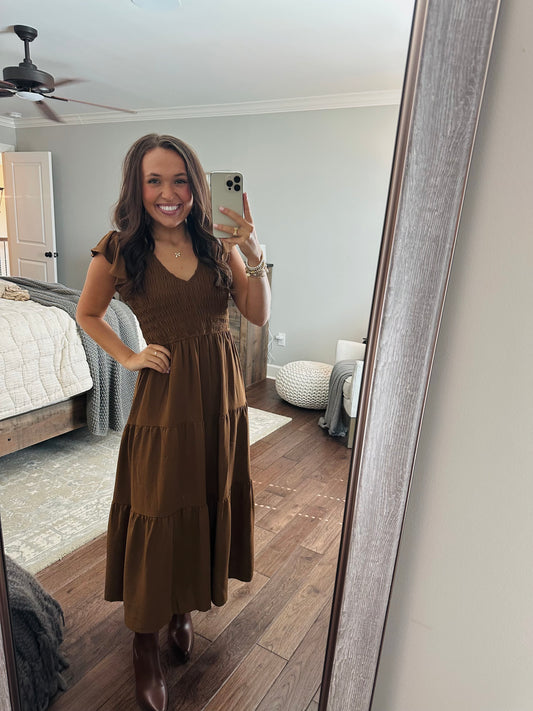 The Maple Copper Brown Flutter Sleeve Smocked Midi Dress