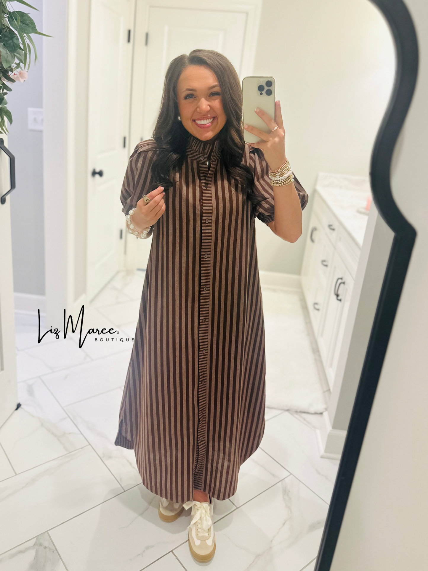 The Quinn Brown Striped Midi Dress