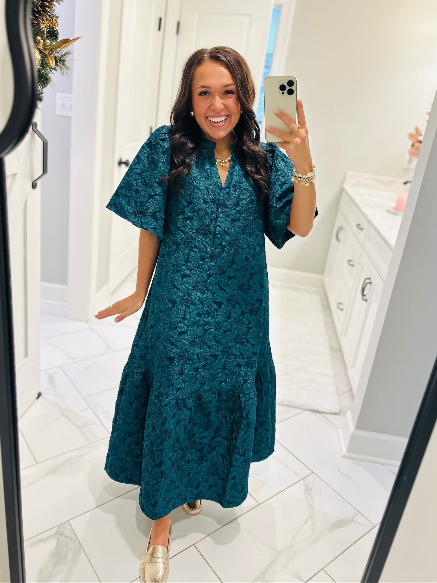 The Ada Emerald Jacquard Floral Midi Dress