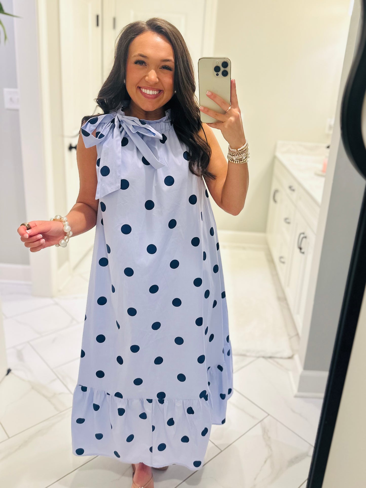 The Leighton Blue Polka Dot Neck Tie Midi Dress