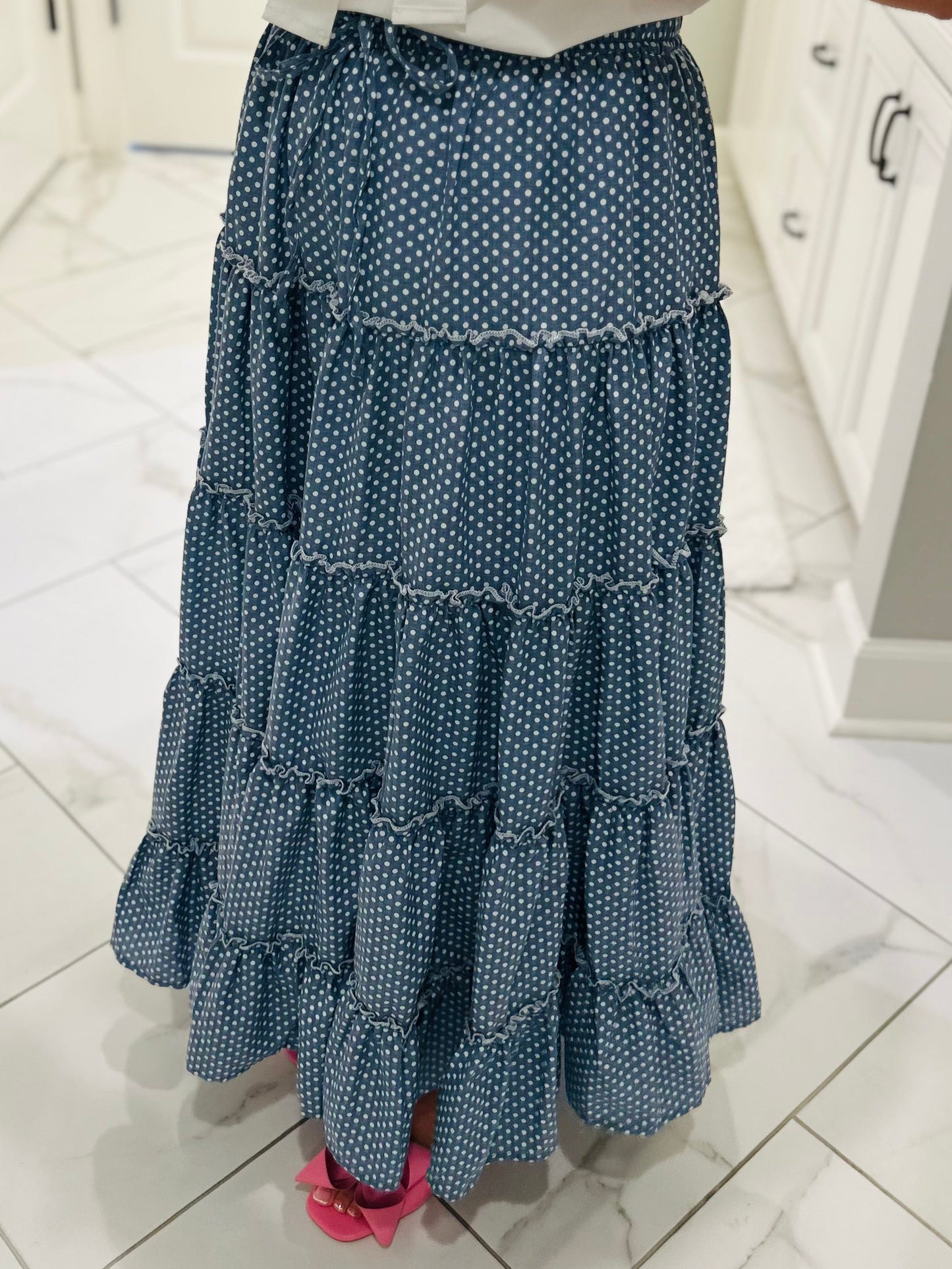 The Shelby Denim Polka Dot Maxi Skirt