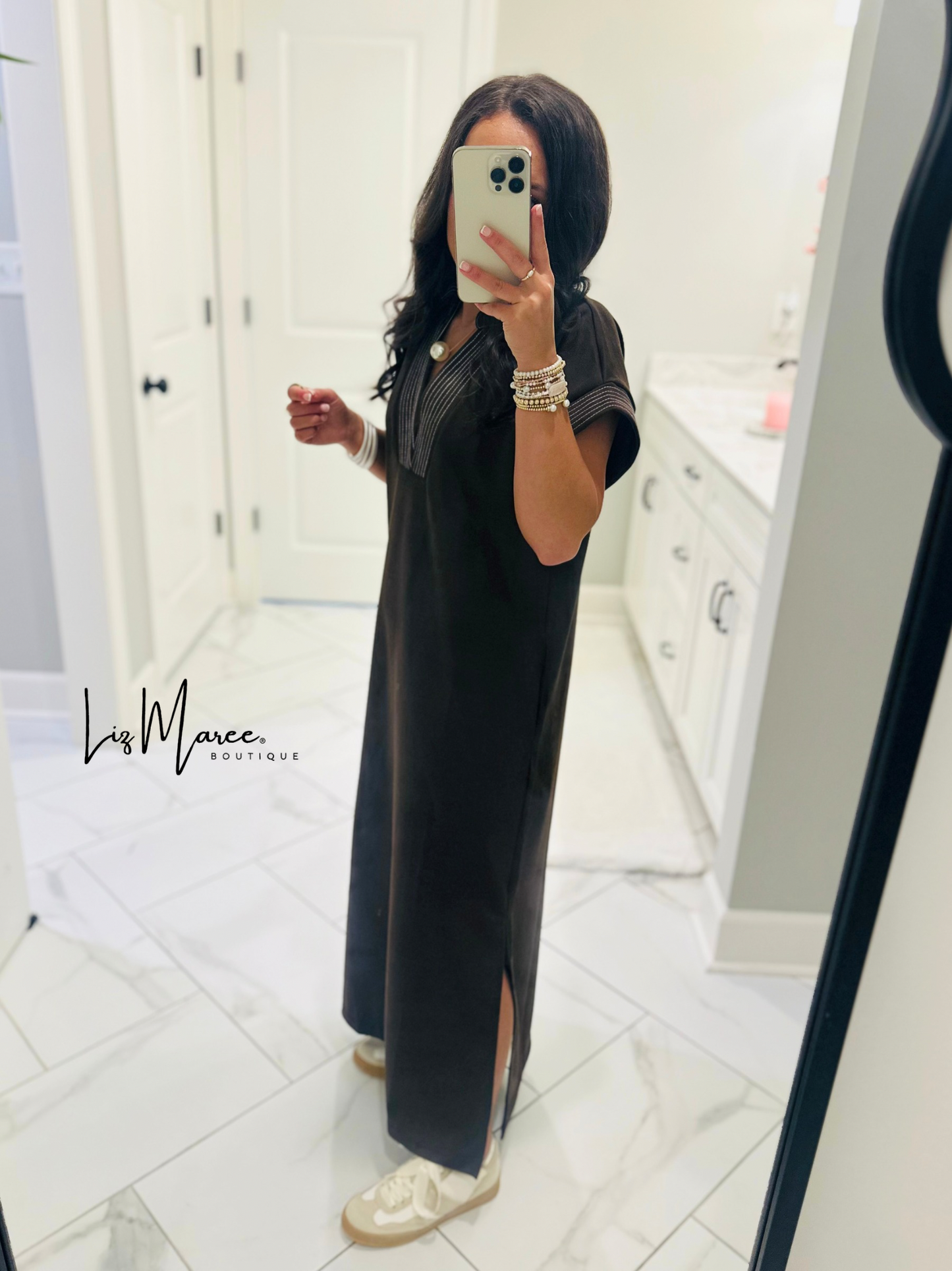 The Parker Brown Collared Stitch Midi Dress