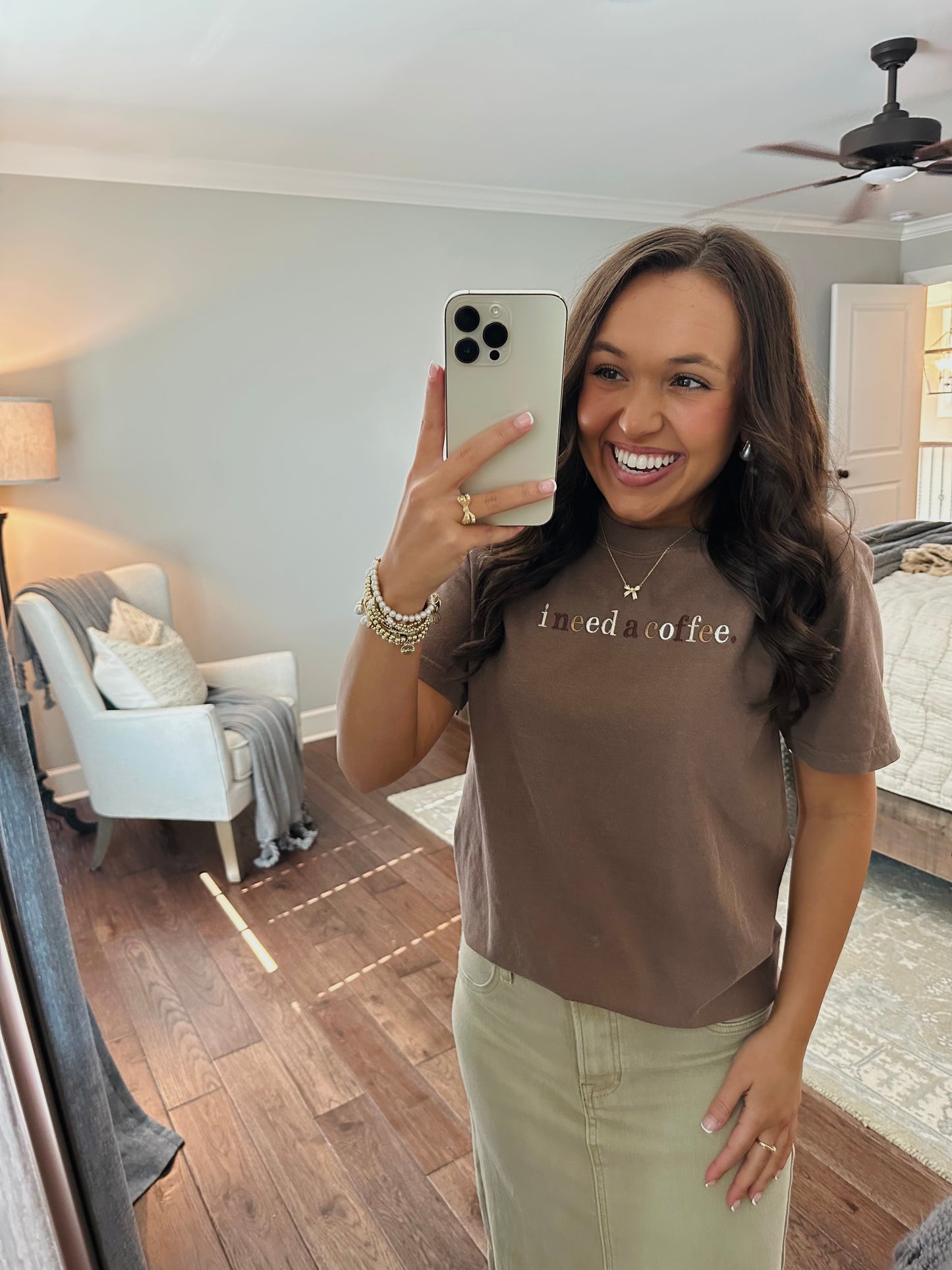 I Need A Coffee Espresso Brown Embroidered Tee