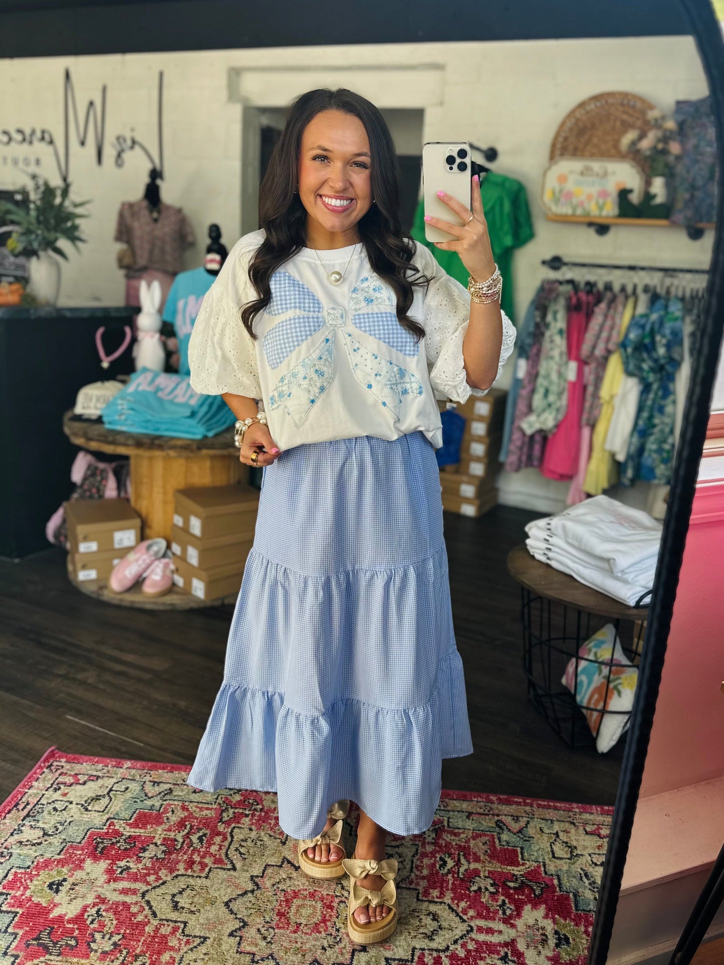 The Brylee Blue Bow Patchwork Top