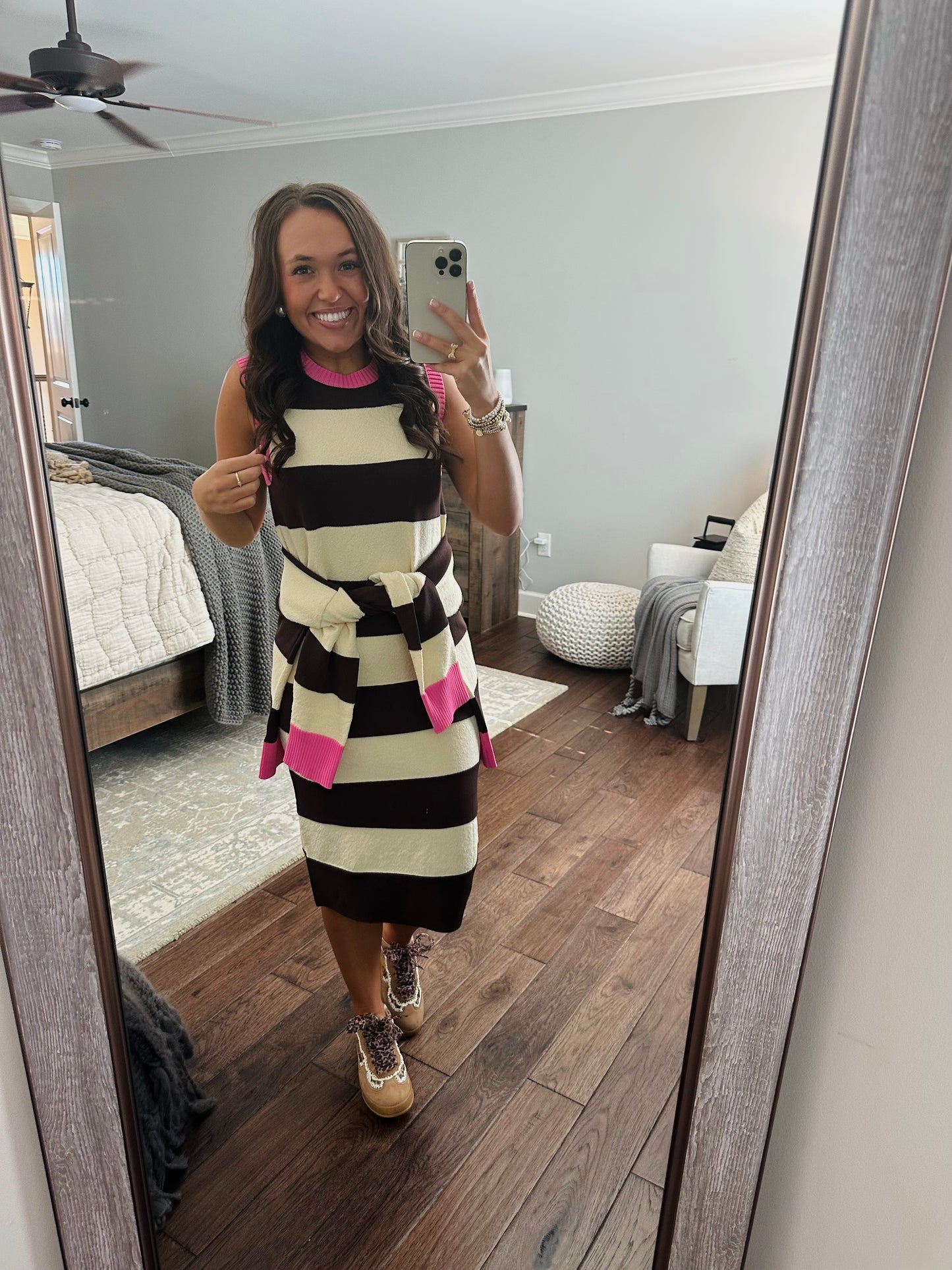 The Everlee Pink + Cream Striped Knit Midi Dress