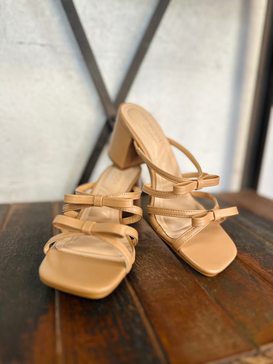 The Mylie Camel Double Bow Heel