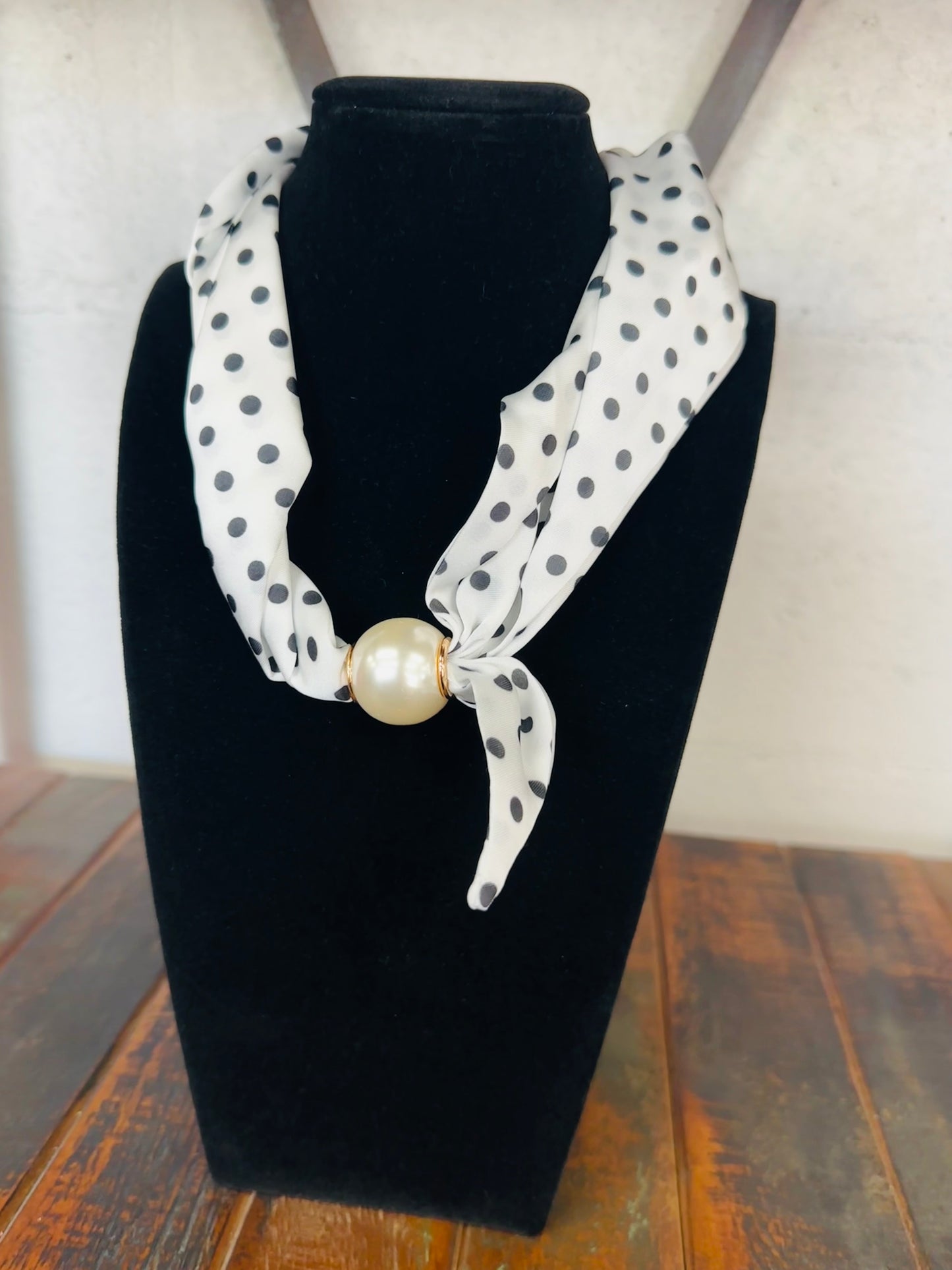 White + Black Polkadot Pearl Scarf Necklace