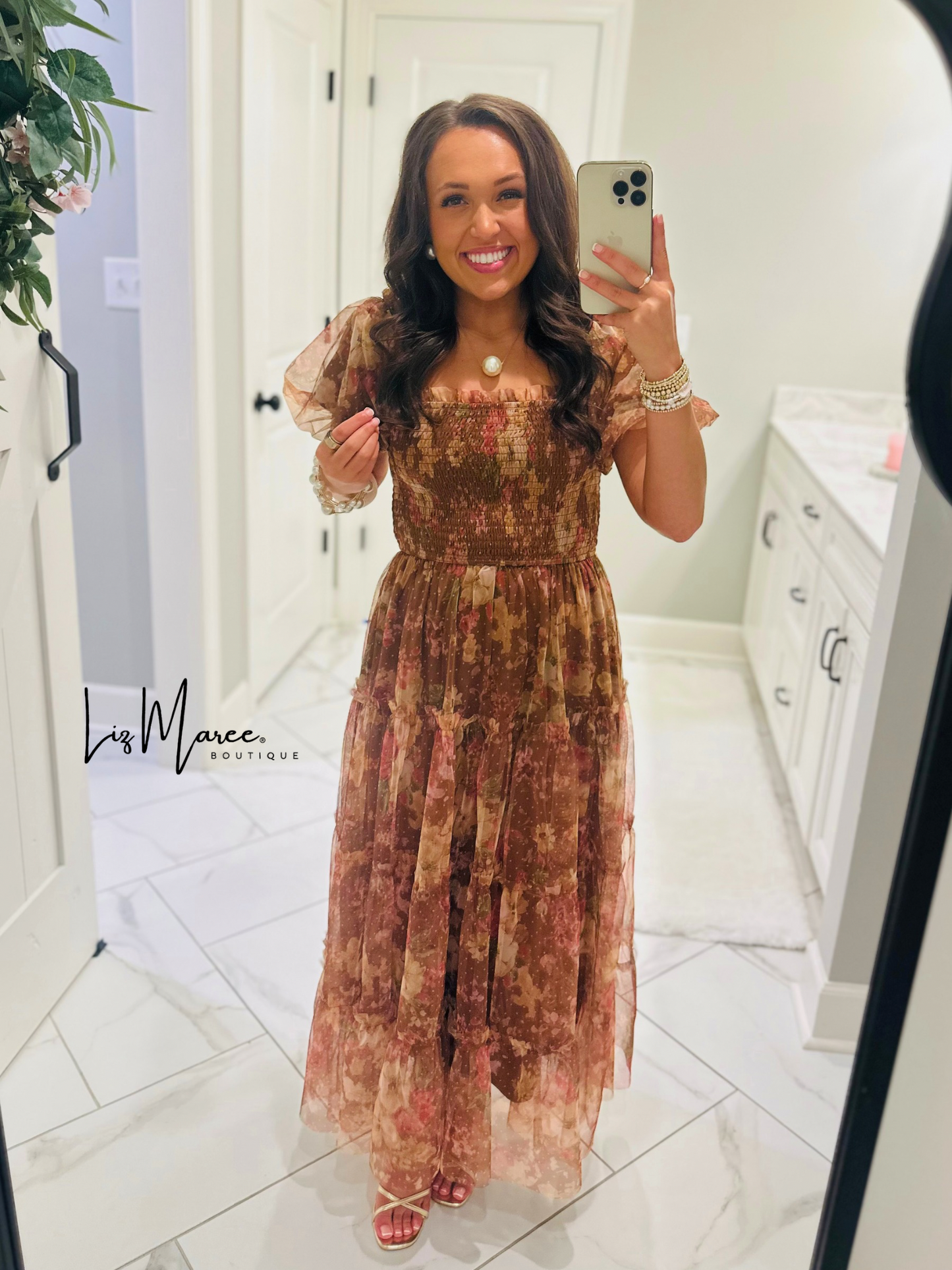 The Halston Light Brown Floral Polka Dot Midi Dress