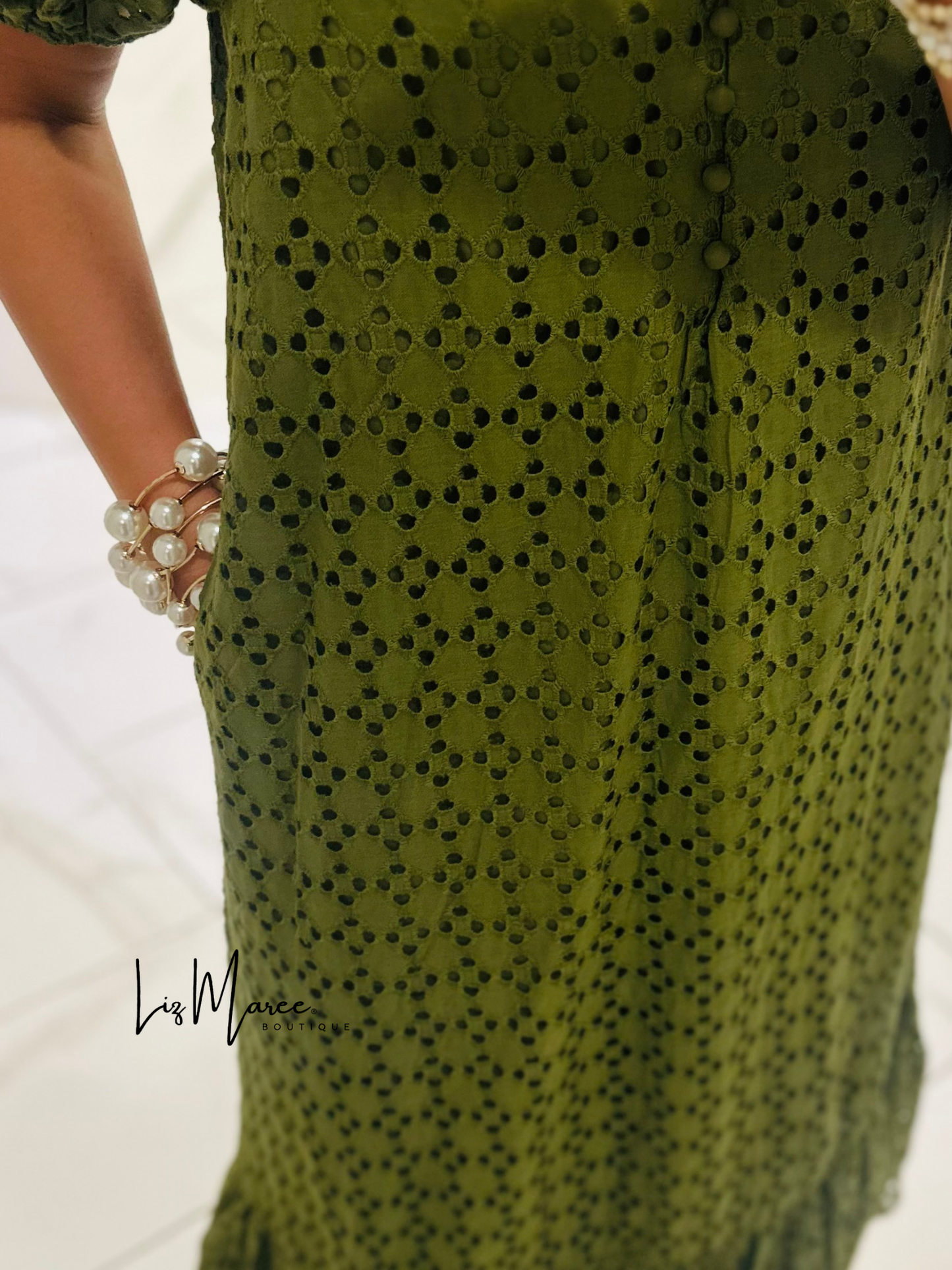 The Liz Olive Green Eyelet Midi Dress