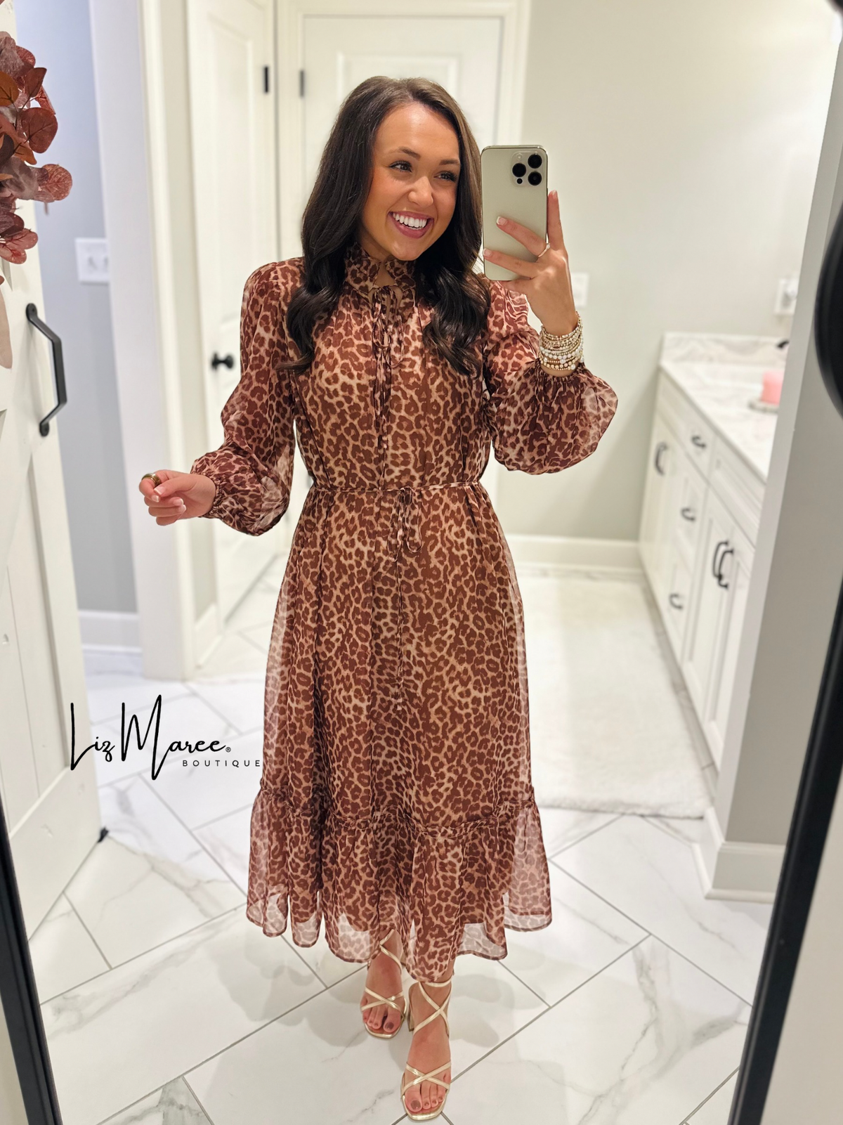 The Maple Rust Leopard Tiered Midi Dress