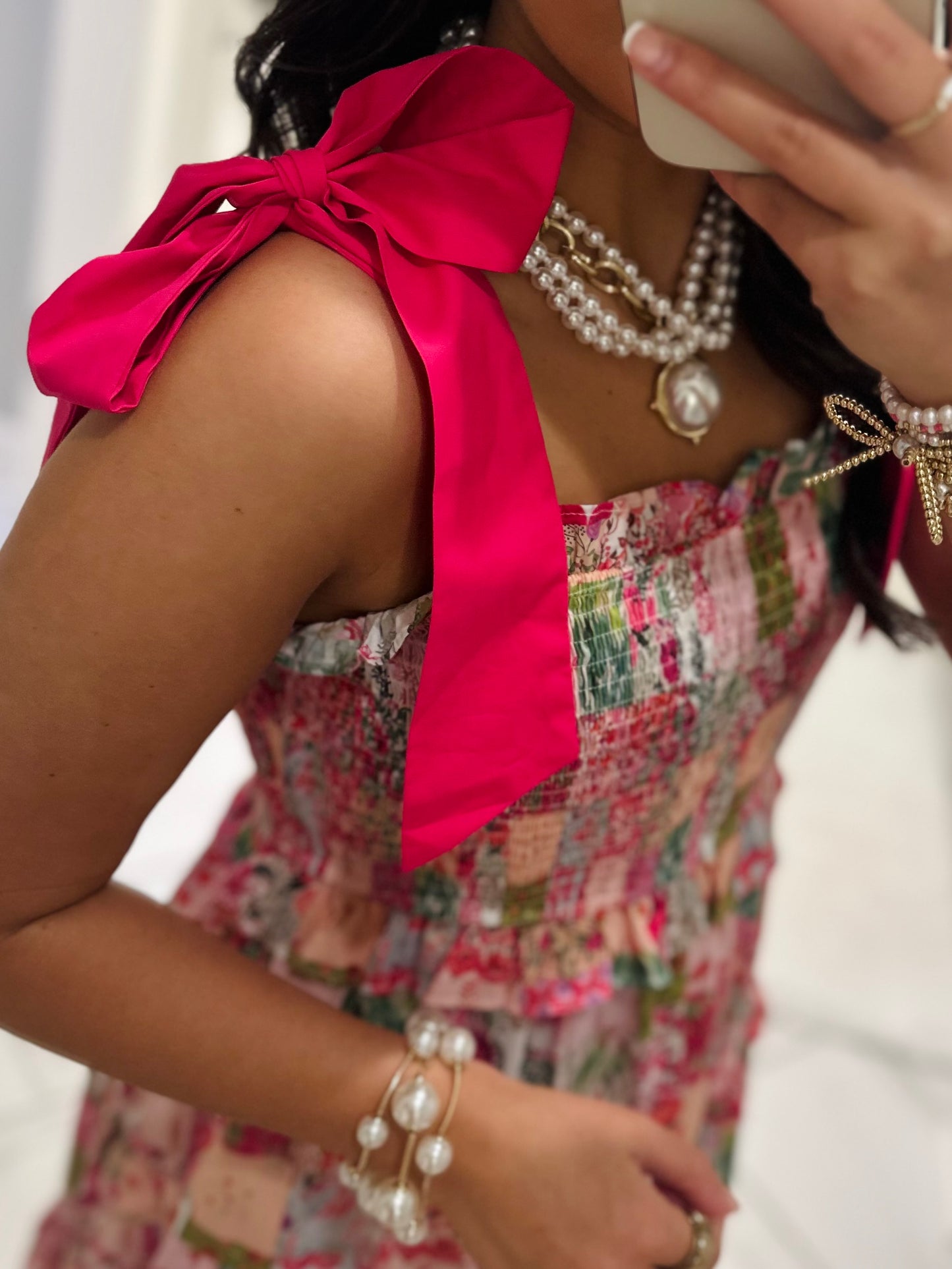 The Lillie Pink Multicolor Patchwork Midi Dress