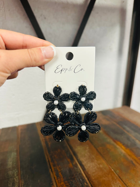 Black Double Raffia Flower Drops