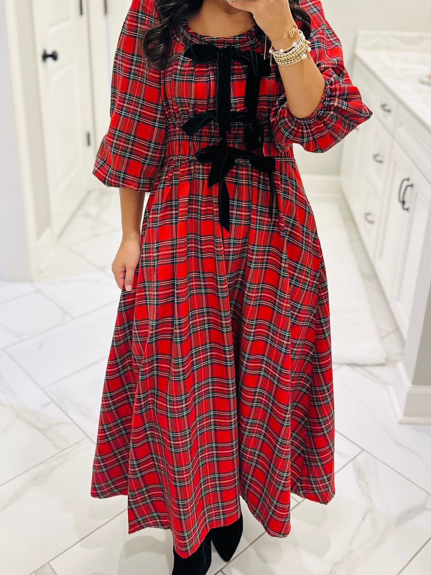 The Eve Red Holiday Plaid Bow Midi Dress