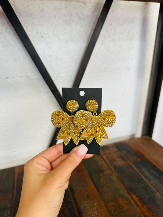 Gold Beaded Bow Earring