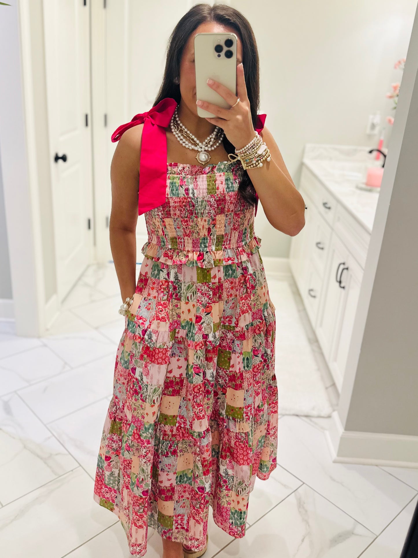 The Lillie Pink Multicolor Patchwork Midi Dress