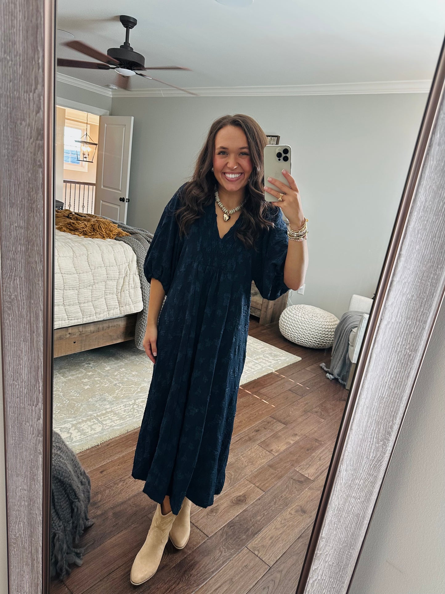 The Mina Navy Textured Midi Dress