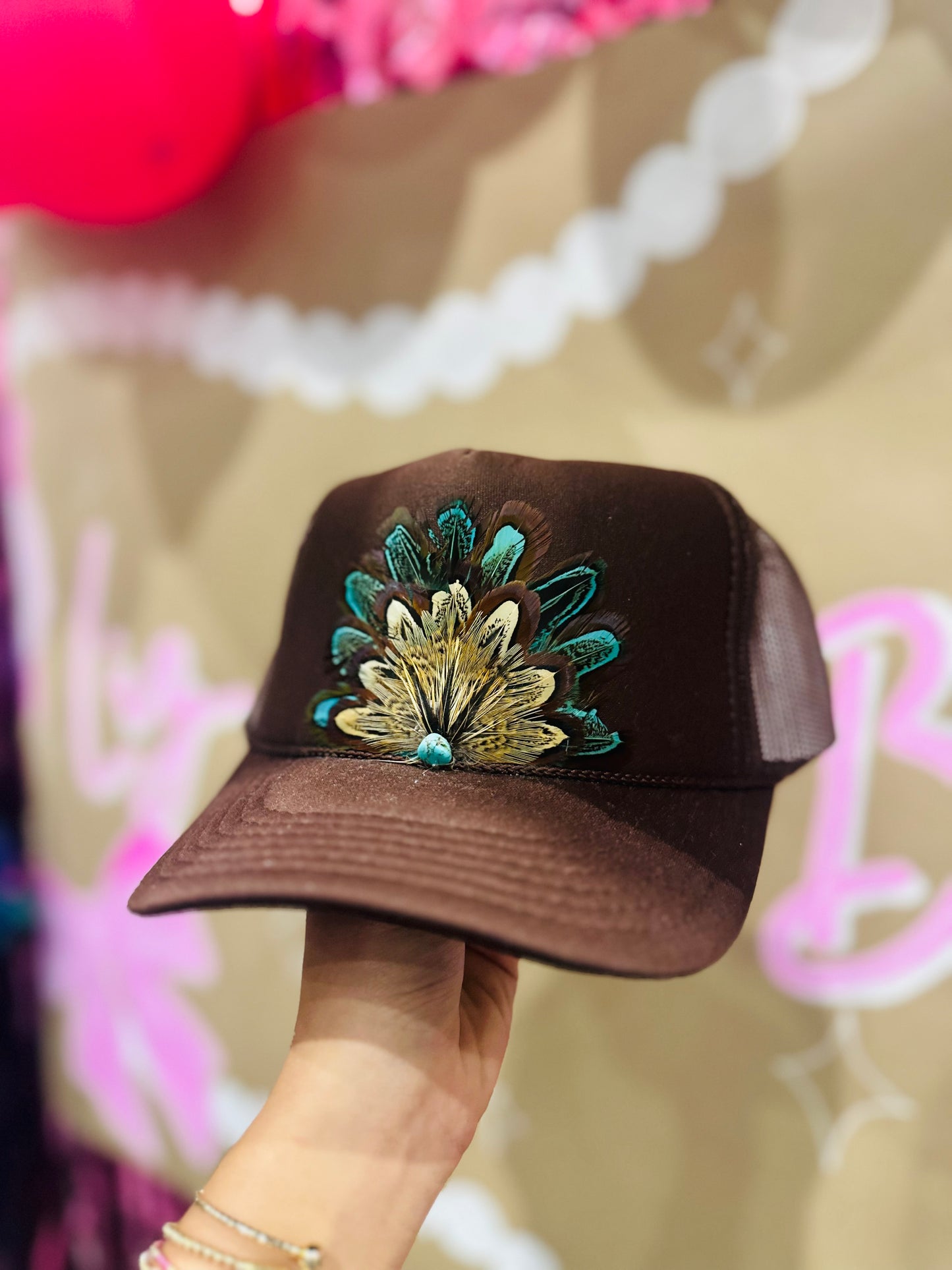 Brown Feather + Turquoise Stone Trucker Hat