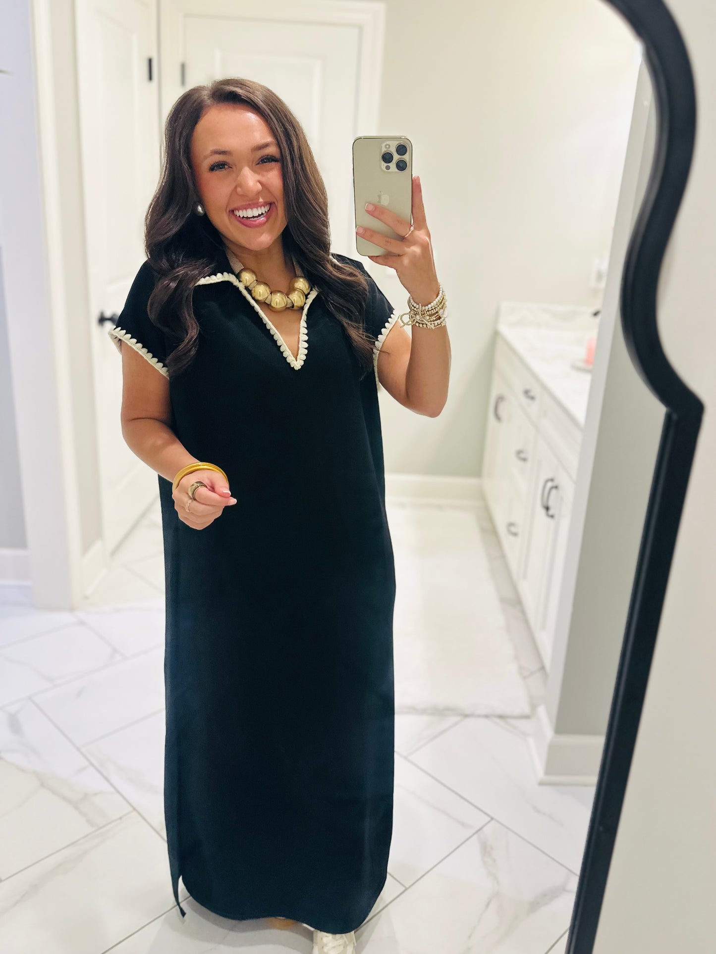The Sarah Black Collared Stitch Midi Dress