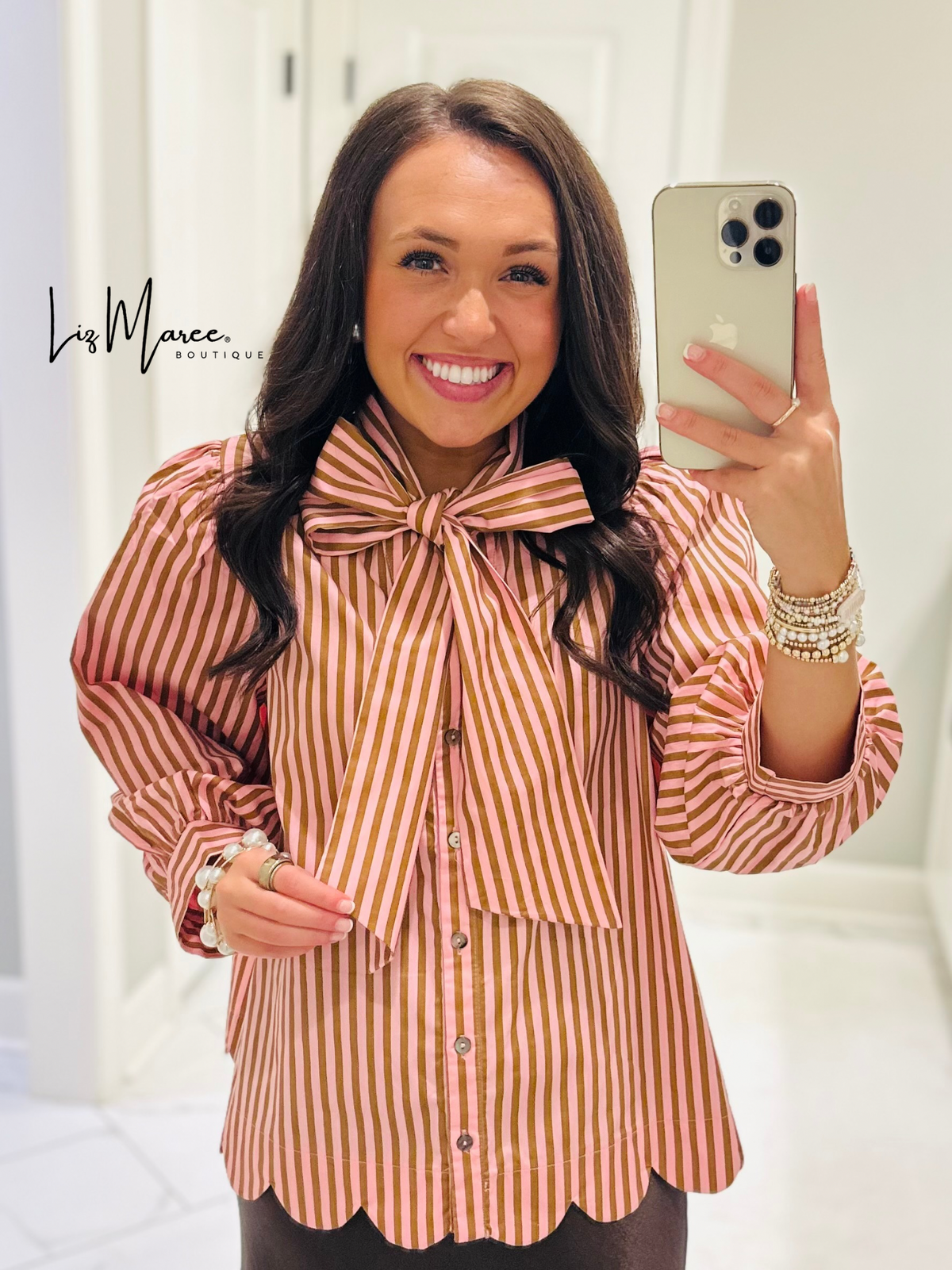 The Shelby Pink + Brown Striped Bow Top