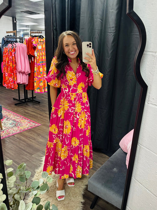The Annamae Hot Pink Floral Midi Dress
