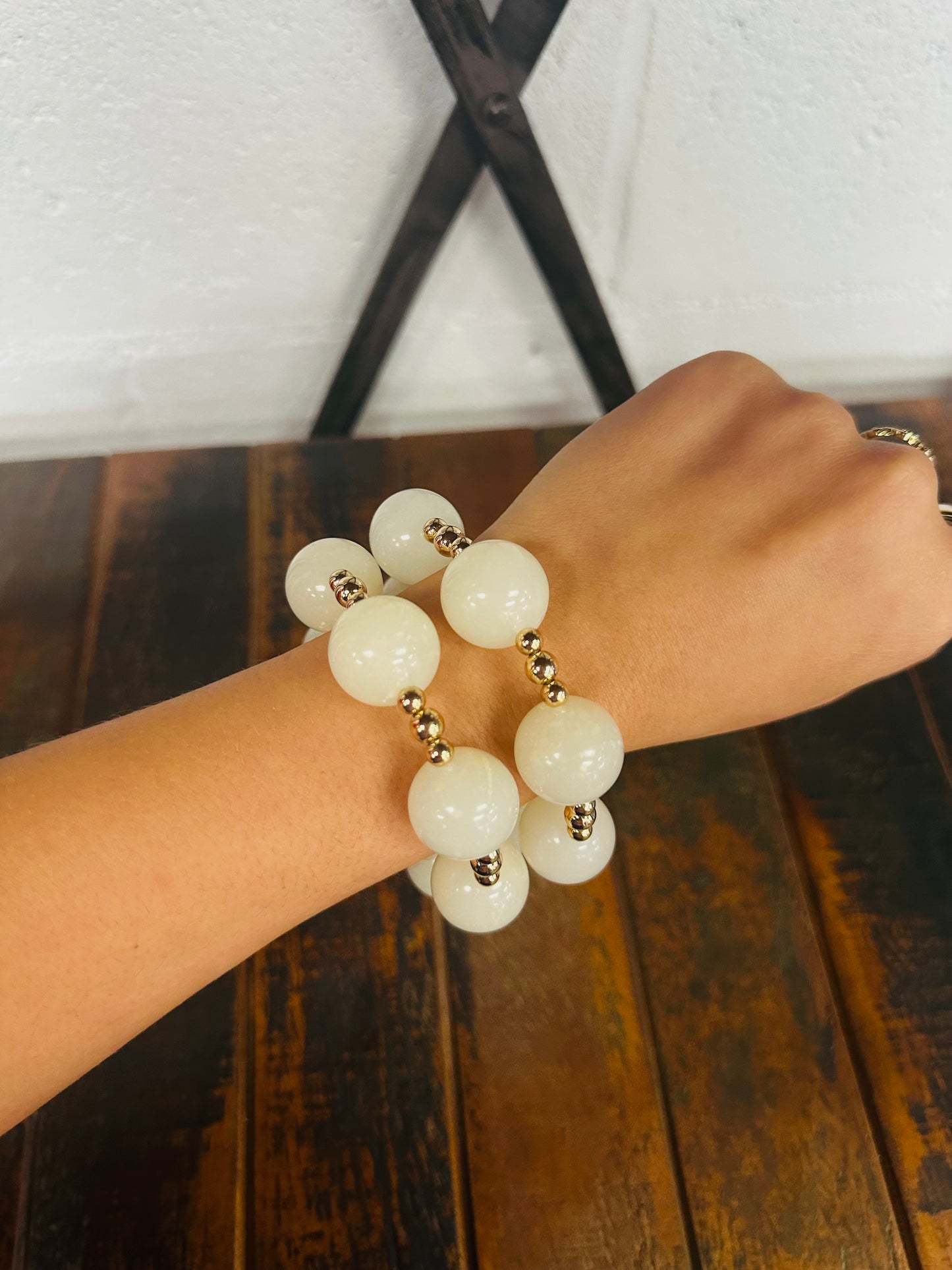 Ivory + Gold Marble Ball Bracelet Set