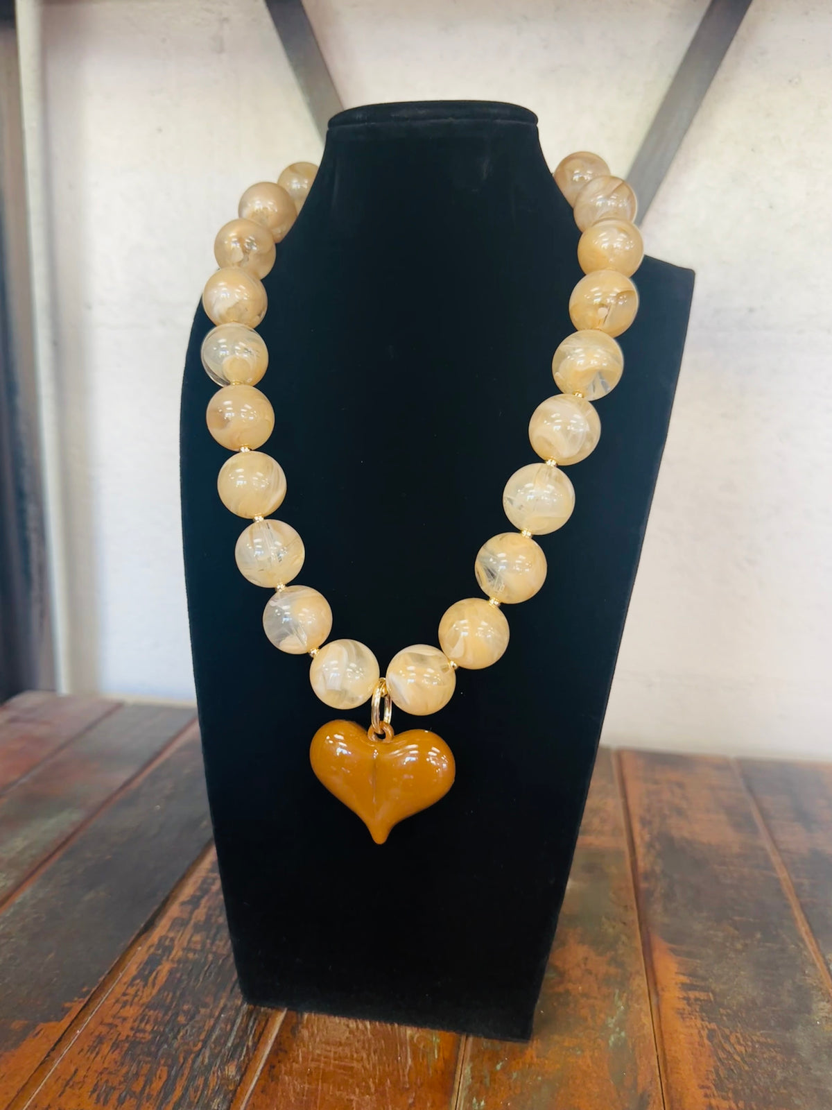 Brown + Beige Puffy Heart Marble Necklace