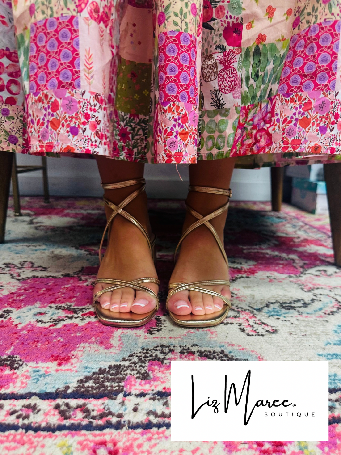 The Sansana Gold Square Toe Block Heel