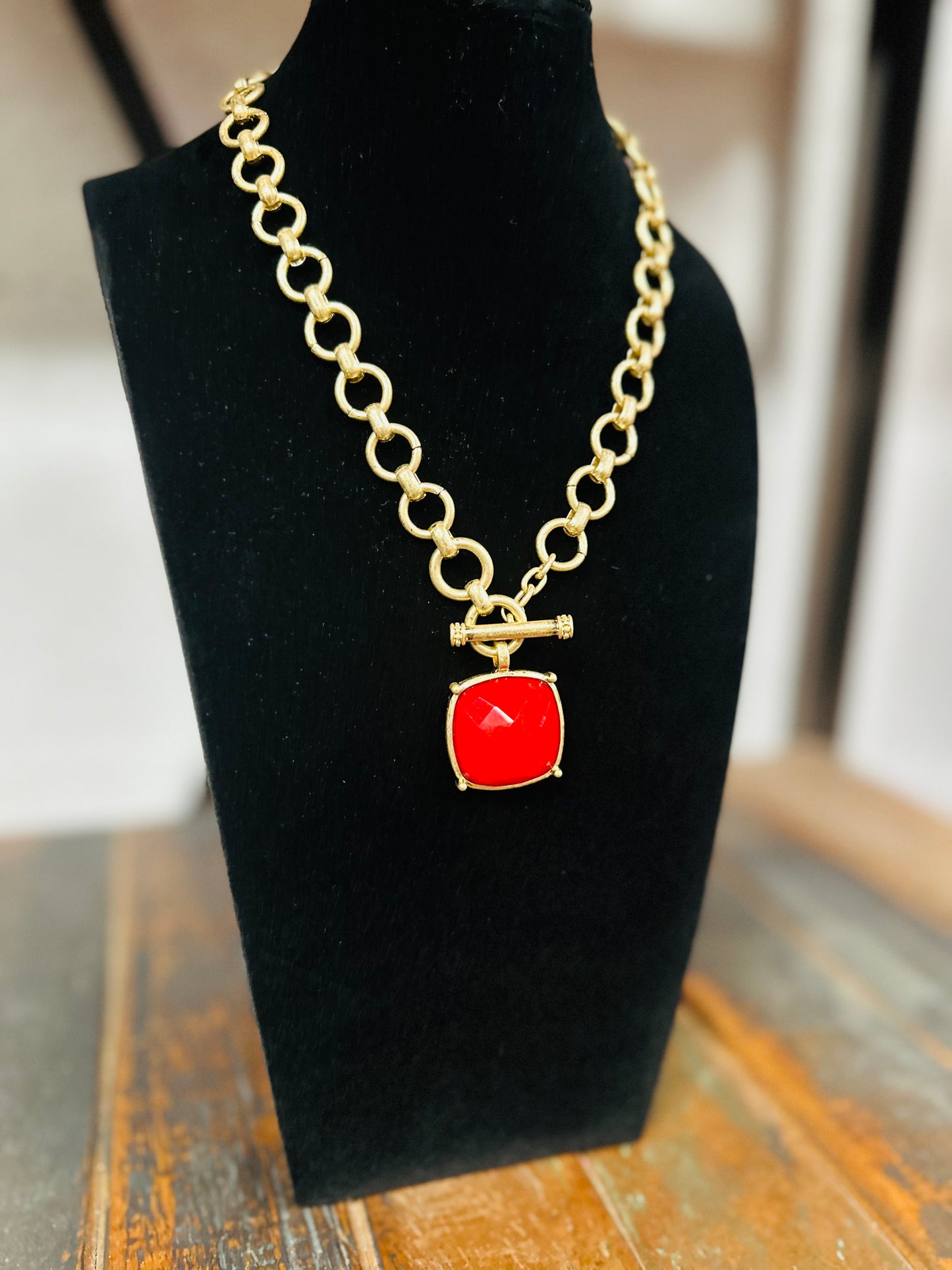 Red Square Stone Pendant Necklace