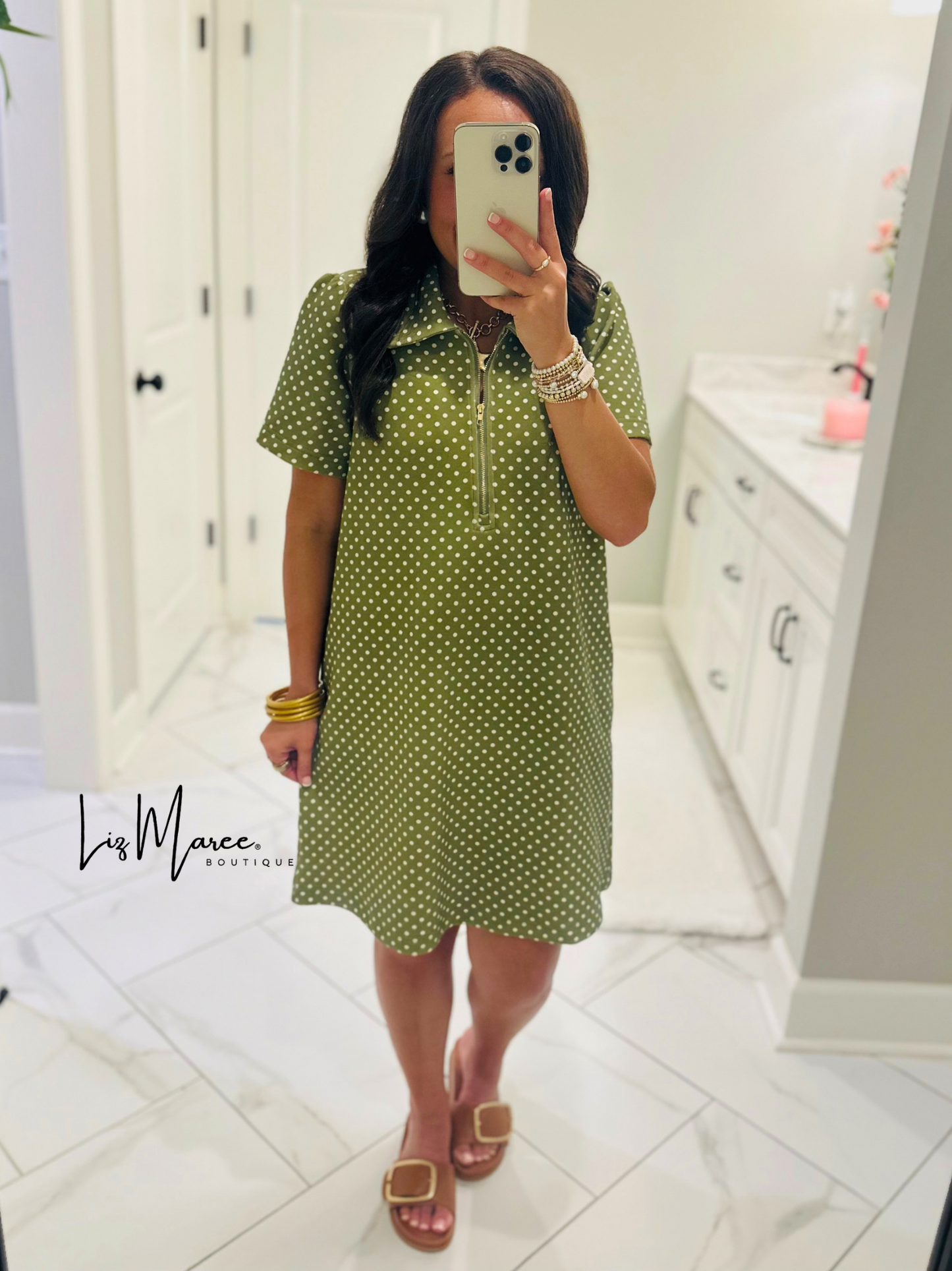 The Hadley Olive Green Polka Dot Quarter Zip Dress
