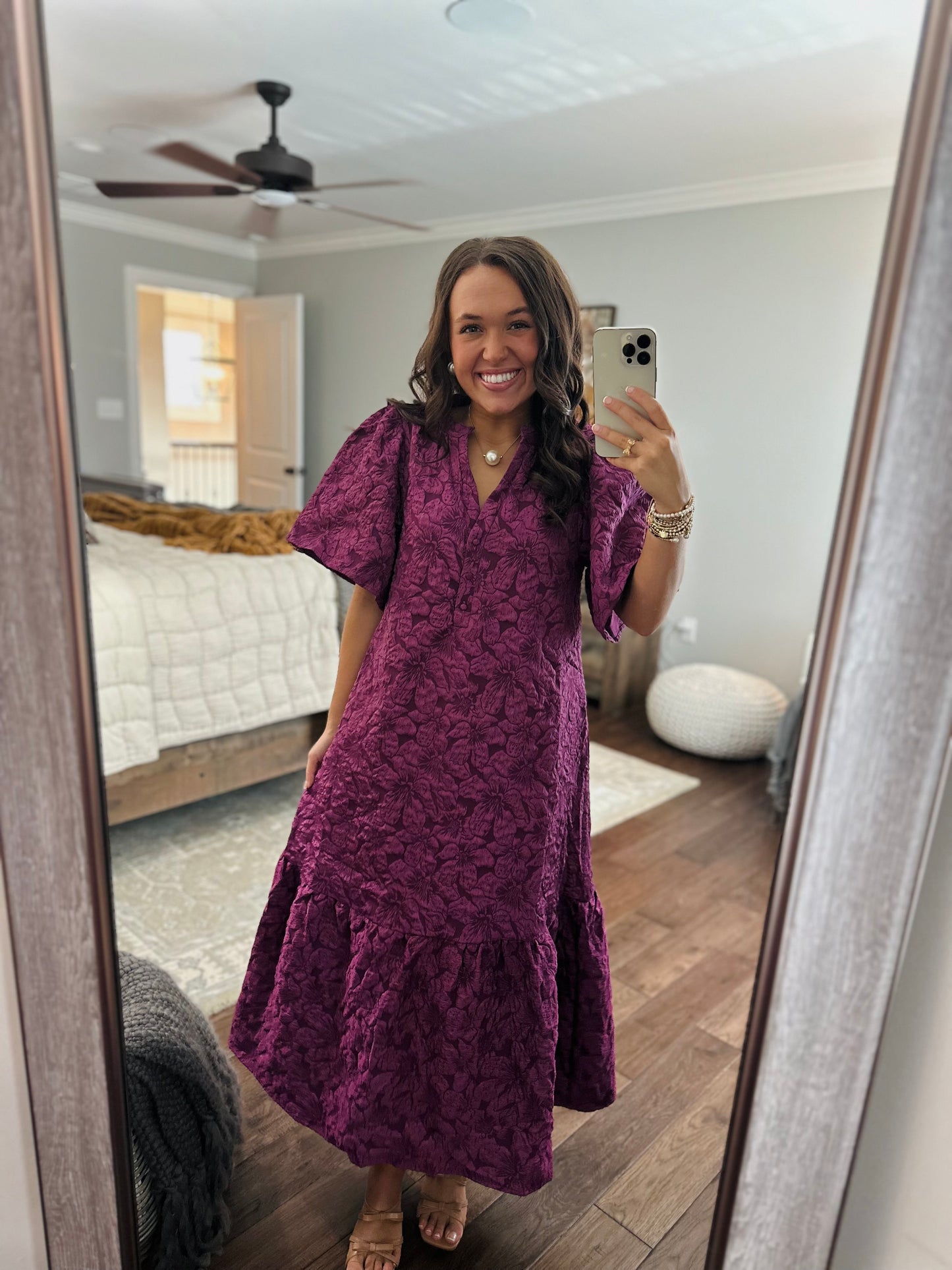 The Ada Plum Jacquard Floral Midi Dress