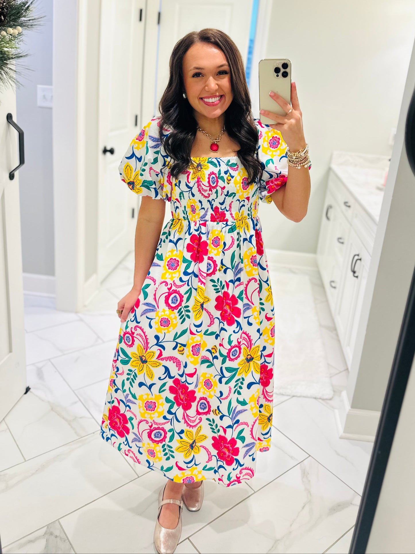 The Kes White Floral Smocked Midi Dress