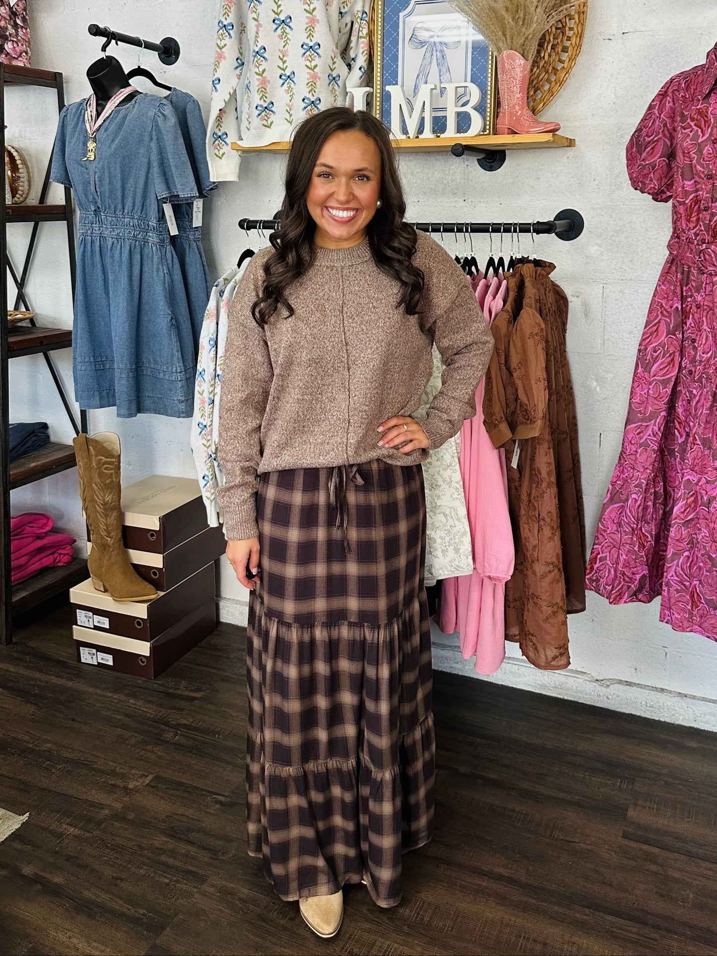 The Ember Brown Plaid Tiered Maxi Skirt