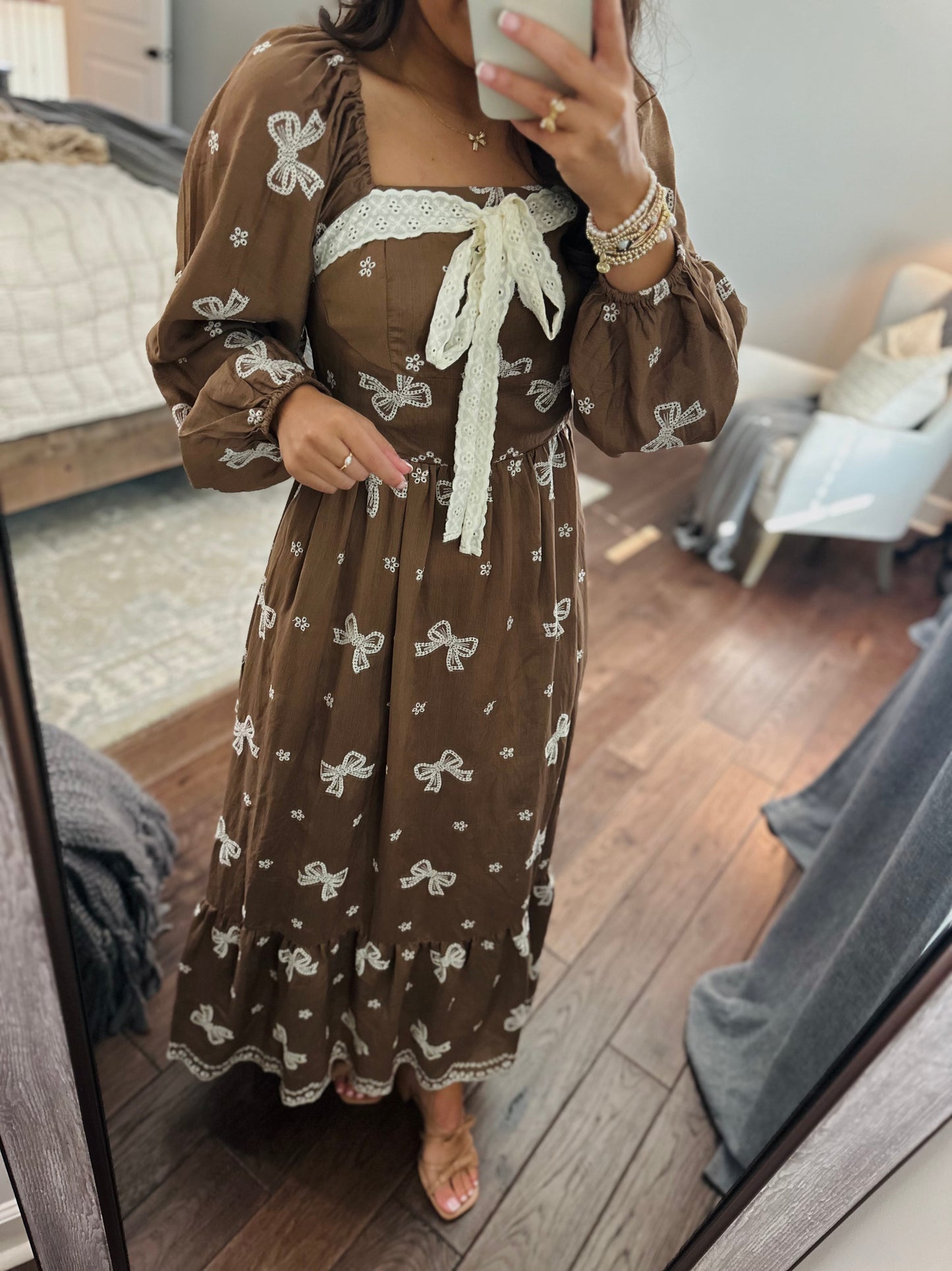 The Bruna Brown Bow Embroidered Midi Dress