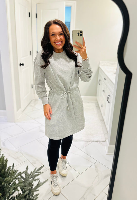 The Heather Grey Jersey Knit Longsleeve Drawstring Dress