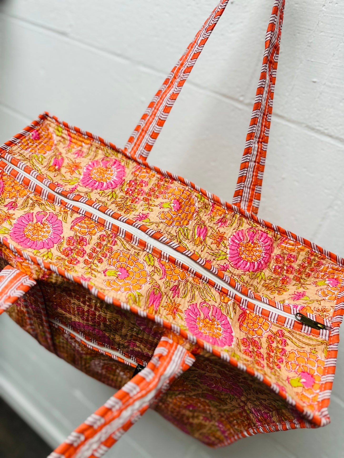 The Orange + Pink Floral Quilted Tote Bag