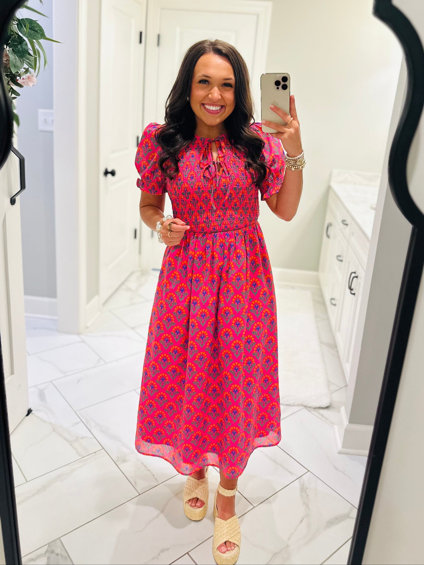 The Tamry Pink Smocked Midi Dress